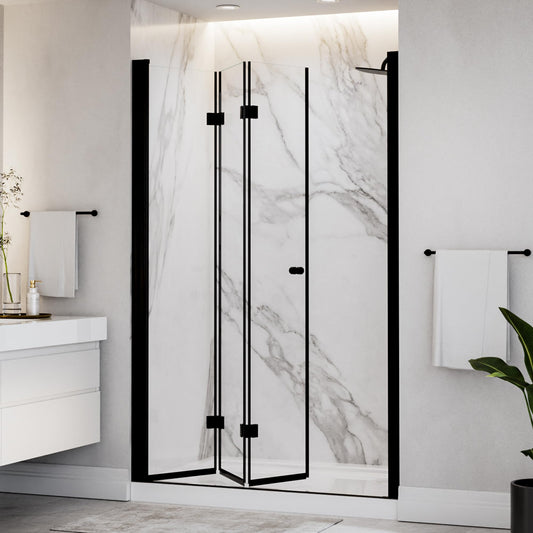 ComfyStyle Tri-Fold Frameless Shower Door 46-1/4''-48'' W x 72" H, Dual 180° Inward & Outward Tri-Fold Opening, 3-Panel Folding Shower Glass Door with 1/4" Clear SGCC Tempered Glass, Matte Black