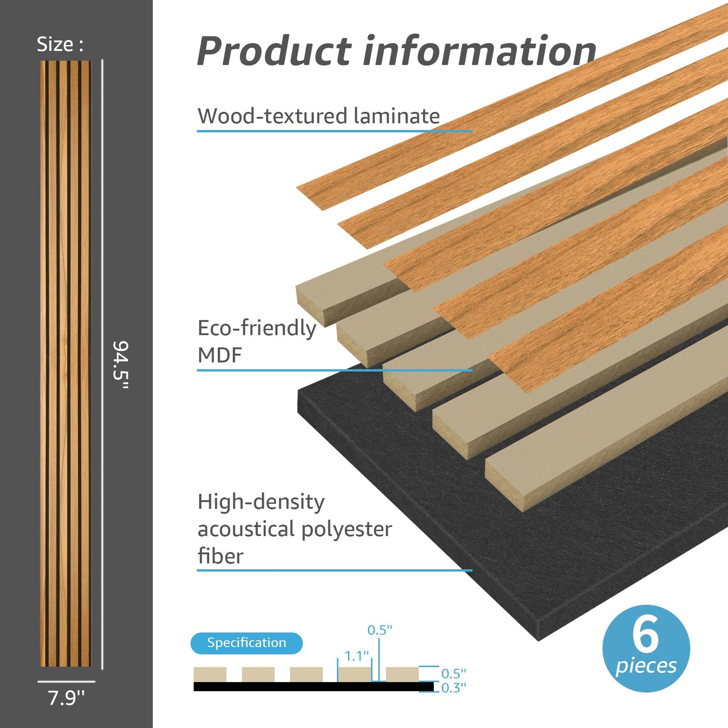 Art3d 6-Pack Acoustic Wood Slat Wall Panels for Interior Decor, 3D Fluted Sound Absorbing Wood Paneling for Accent Wall Ceiling Kitchen Living Room Bedroom Office, 94.5 x 7.9 inch Warm Teak