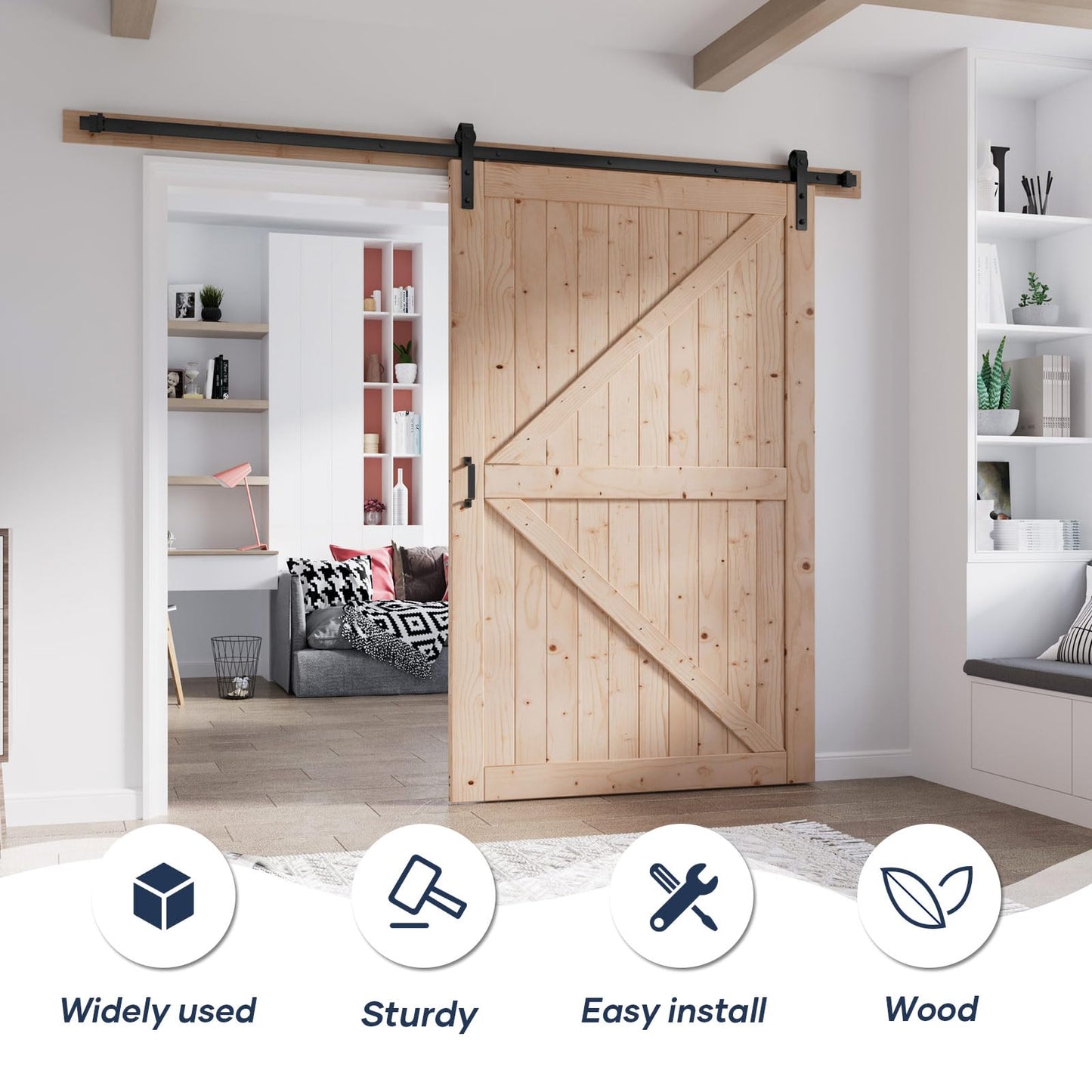 FREDBECK 54in x 80in Wood Barn Door with 9FT Barn Door Hardware Kit Included K Shape Solid Spruce Panel Need to Assembly
