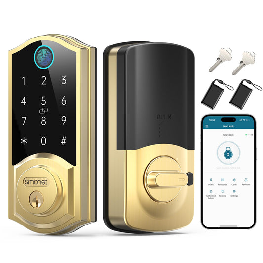 SMONET Smart Lock Brass Fingerprint Deadbolt, Keyless Entry Door Lock with App Remote Control,Electronic Touchscreen Keypad Biometric Smart Locks for Front Door,Auto Lock,Gold