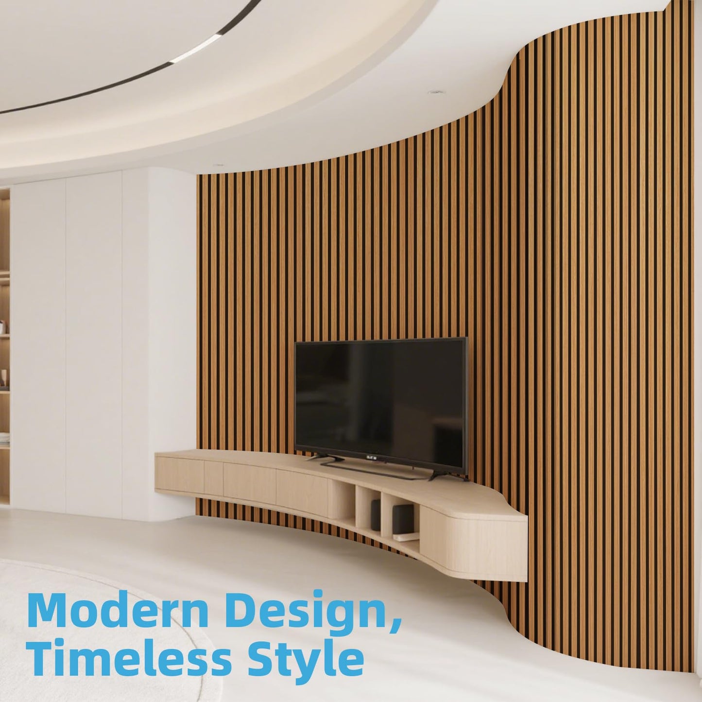 Art3d 1-Pack Acoustic Wood Slat Wall Panel with Roll-Flat Design - 95.3 x 23.8 Inch Sound Absorbing Panels for Living Room Columns Corridor Curved Wall Decor, Teak
