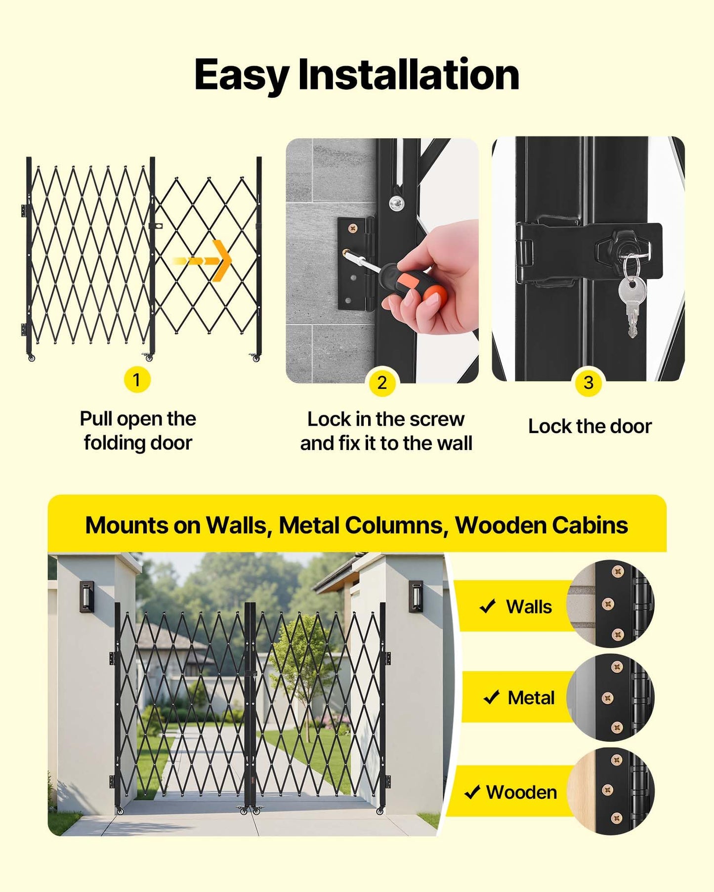 VEVOR Double Folding Security Gate, Lockable Scissor Gate with 360° Swivel Casters, Outdoor Barricade Steel Retractable Gates, for Entry Security, Garage, Warehouse & Pool, 145.67 x 63.19 in (W x H)