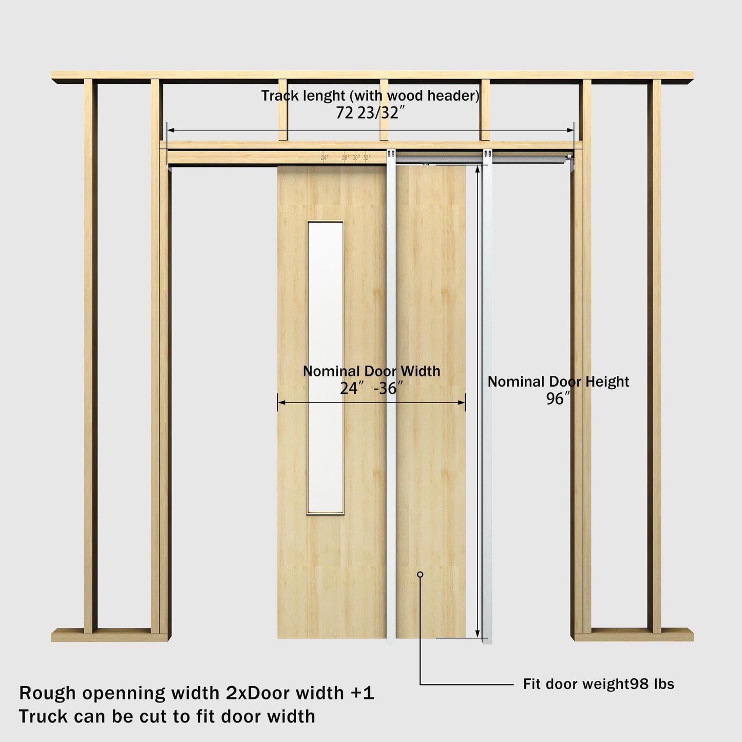 SongYung 24"-36"x 96" Pocket Door Frame Kit with 98LBS Soft Close Mechanism,Aluminum Track Hardware Suitable for Doors Wide 24"-36",2X4 Studs Wall,Smoothly and Quietly Easy to Install