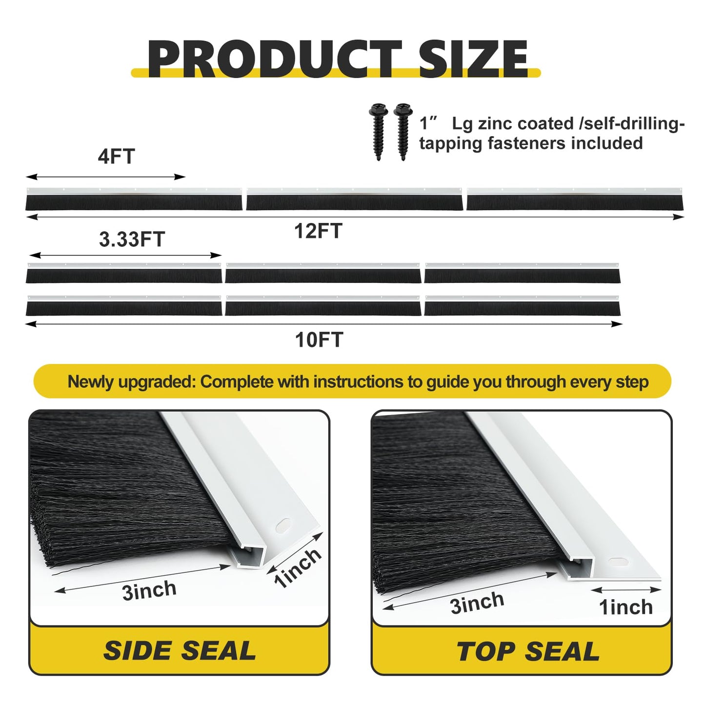 DoubleFill 12 x 10 ft Garage Door Brush Seal Kit, 3 Inch Roll up Door Seal with Aluminum Track, Heavy Duty Nylon Brush for Commercial Doors, Warehouse Barn, Energy Saving, Pest Proof, Black
