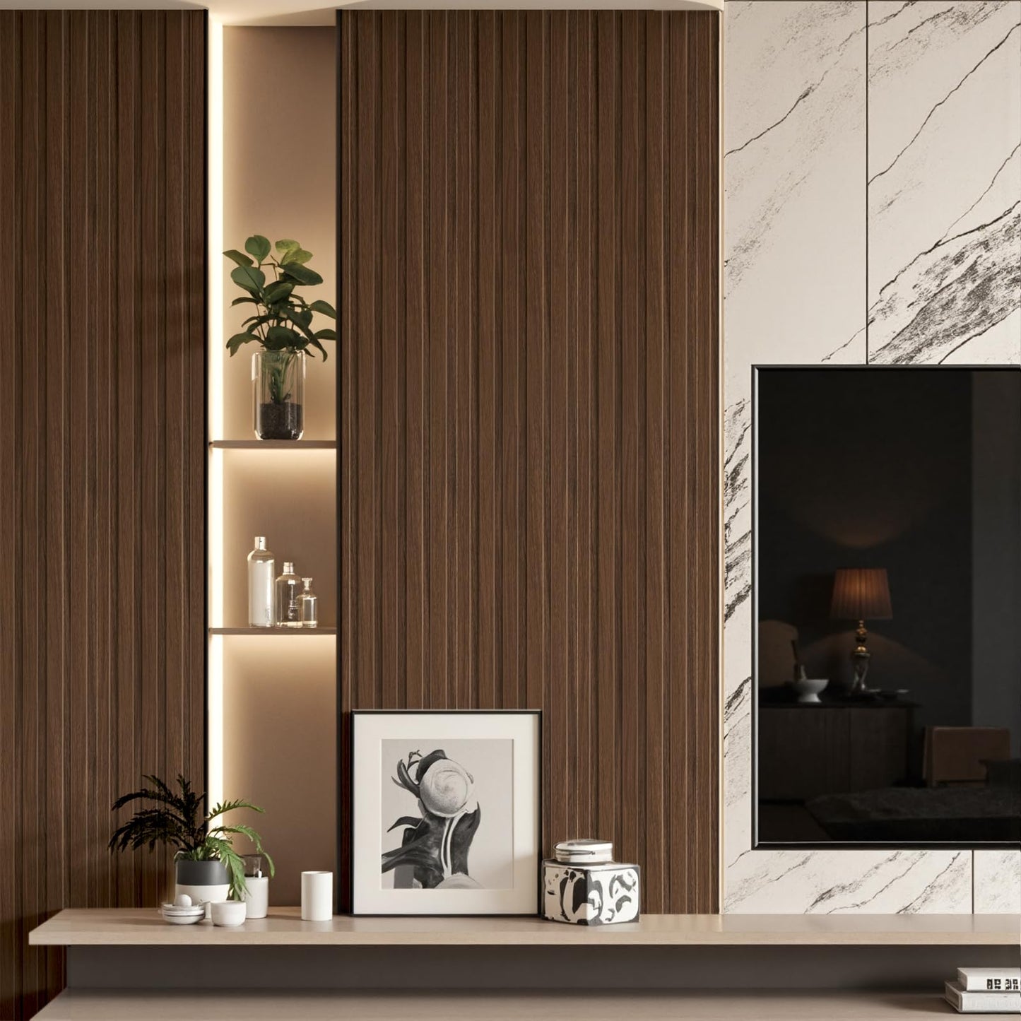 Tepanecov WPC Slat Wall Paneling, 8-Pack 3D Wood Wall Panels for Interior Wall Decor, TV Background, Living Room, 94.5 x 6 in (Walnut)