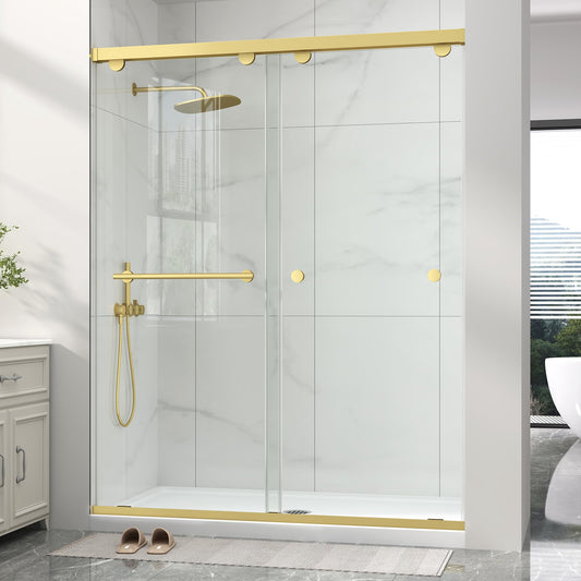 Frameless Shower Door with Soft-Close & Anti-Leak,5/16" (8mm) Double Sliding Shower Door,Nano Coating Anti-Explosion Film SGCC Tempered Glass 43"- 48" W x 76" H,Brushed Gold