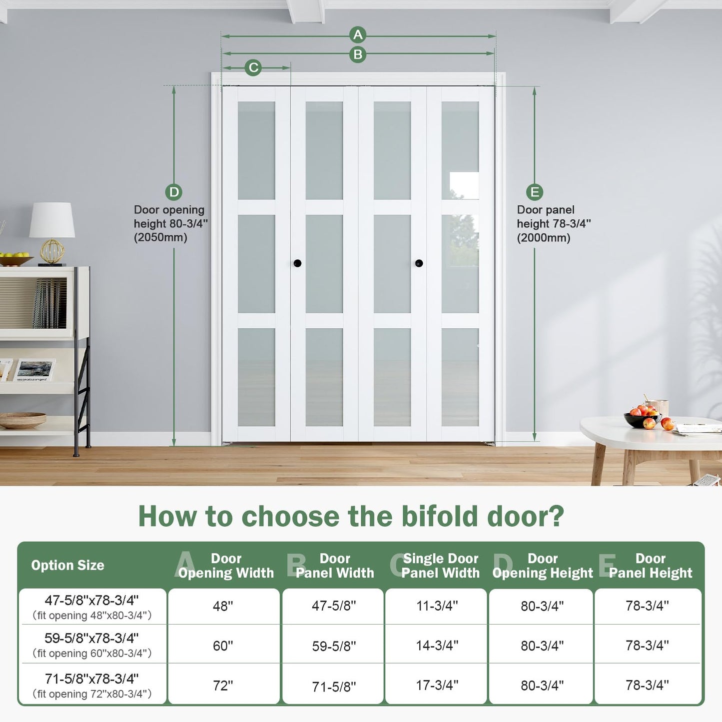 Roymelo Bifold Doors for 72"×80-3/4" Opening, Preassembled White Frosted Glass Folding Barn Door, Sliding Interior Wood Panel Closet Bifolding Door with Concealed Hardware Kit Included