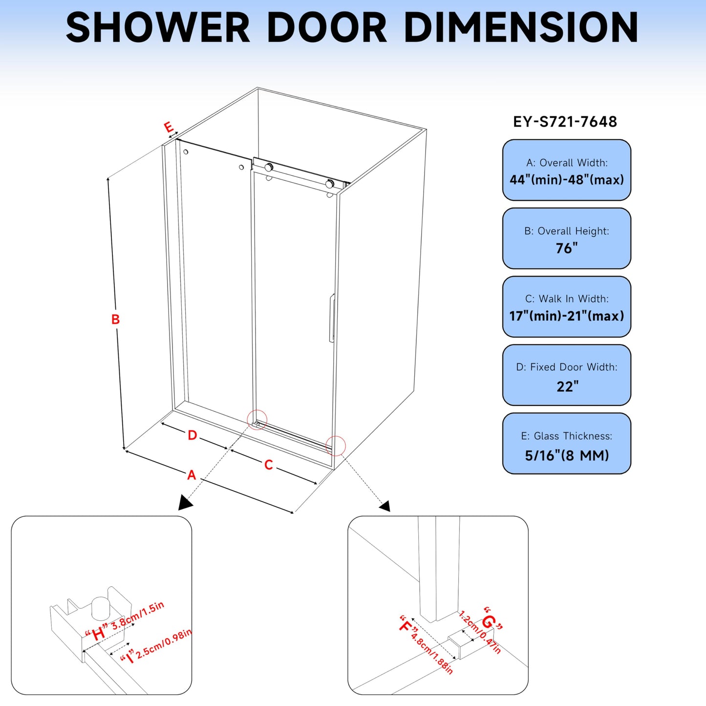 Hasipu Frameless Shower Door,Double Sliding Stainless Steel Hardware 44-48" W x 76" H - Shower Glass Door with 5/16"（8mm） Inch Clear Tempered Glass,Black