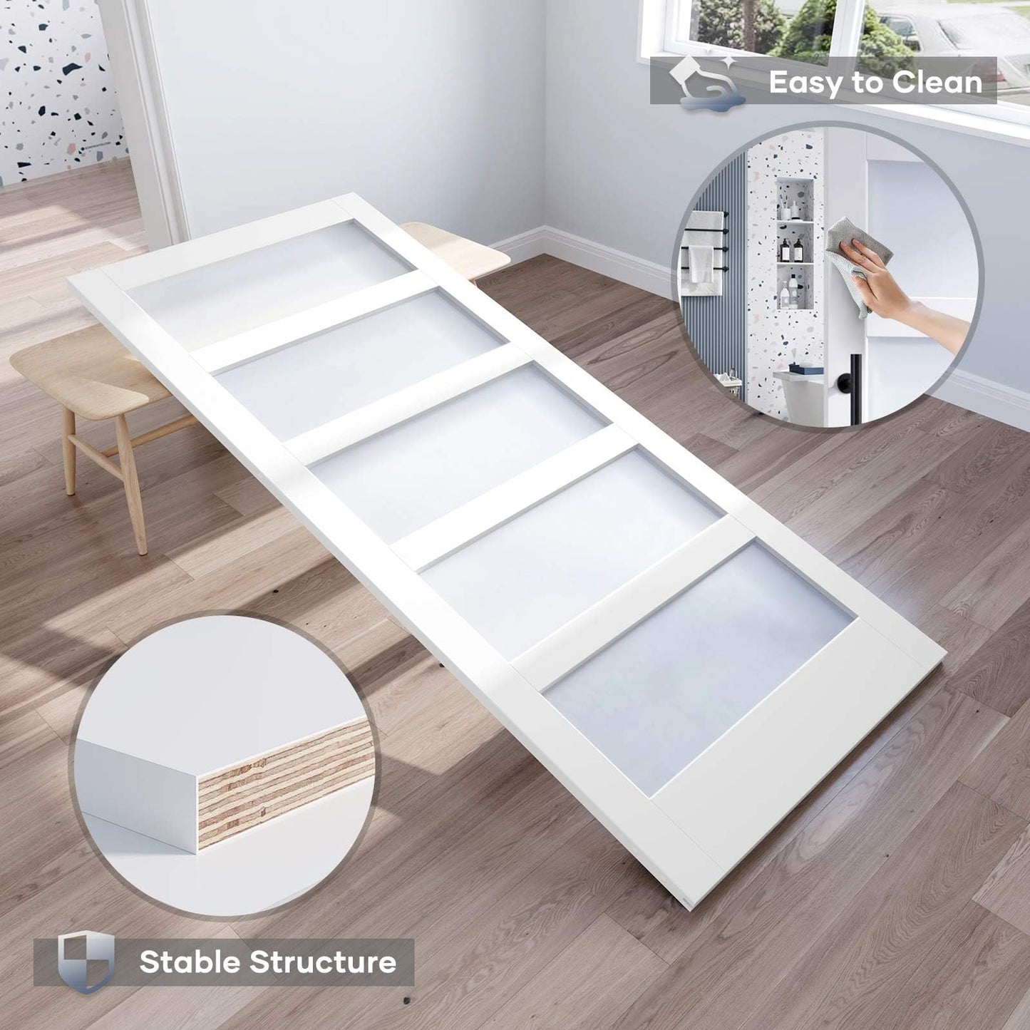ROYMELO 36x80 Inch Glass Sliding Barn Door Slab and 6.6ft Hardware Kit Included, 5 Frosted Glass, LVL Wood Panel Covered with White Water-Proof Scratch-Proof PVC Surface, Simple DIY Assembly