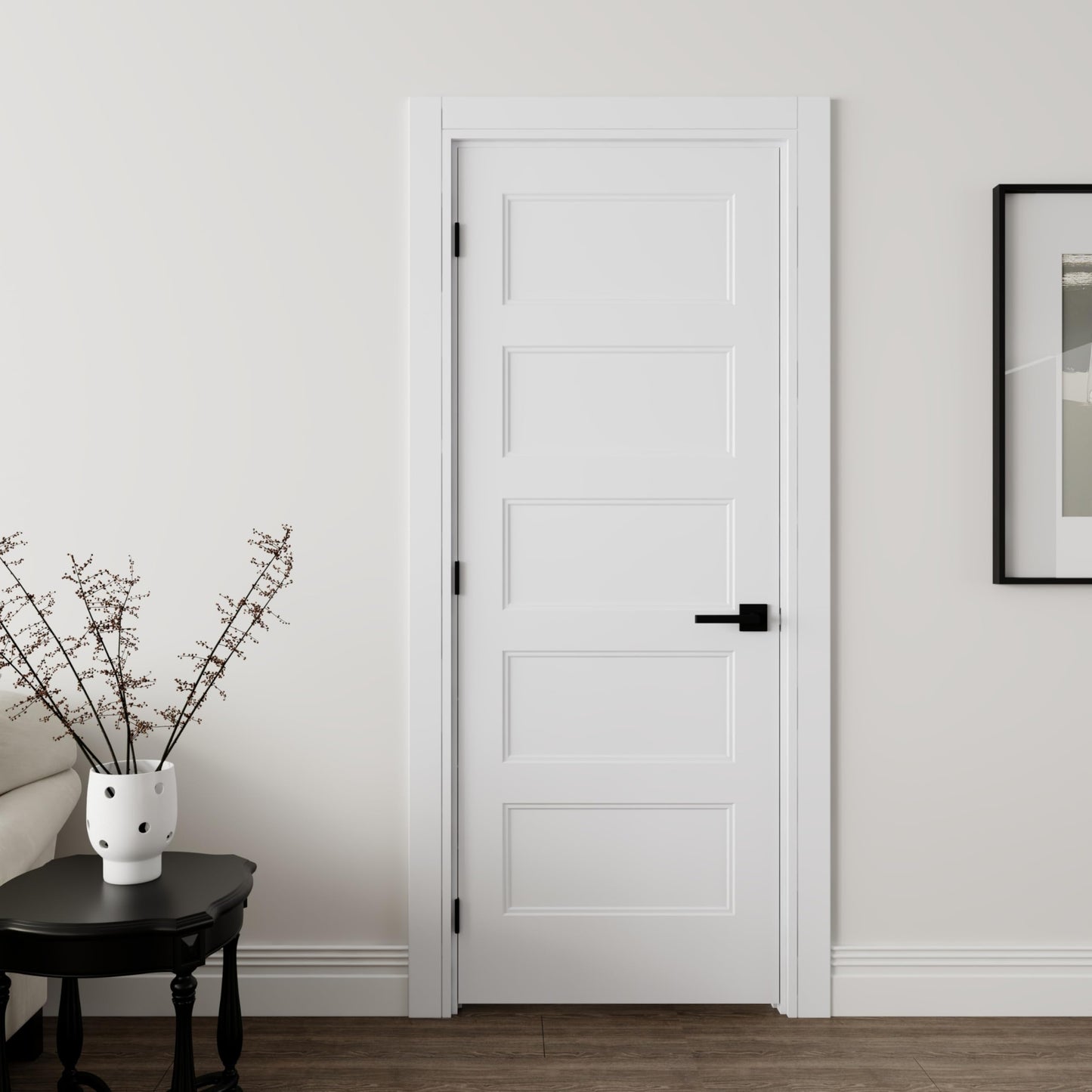 JUBEST 30"x80" Right-Hand Prehung Interior Door with Knock Down Jamb Kit & Matte Black Hinges, 5-Panel White Primed Hollow Core Molded Door Slab with Bore & Hinge Cutout, Durable & Sturdy, No Handle
