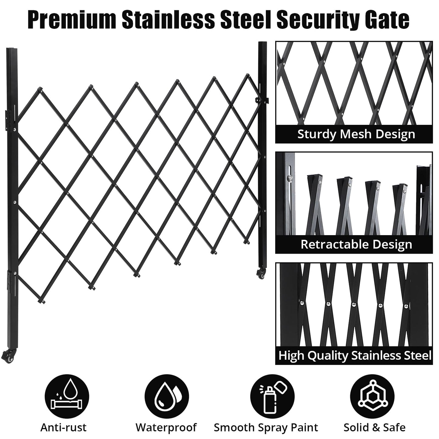 Scissor Gate 71" W x 61" H Folding Security Door Gates, Flexible Expanding Security Door - Steel Accordion, 360° Rolling Wheels with Padlock, Black