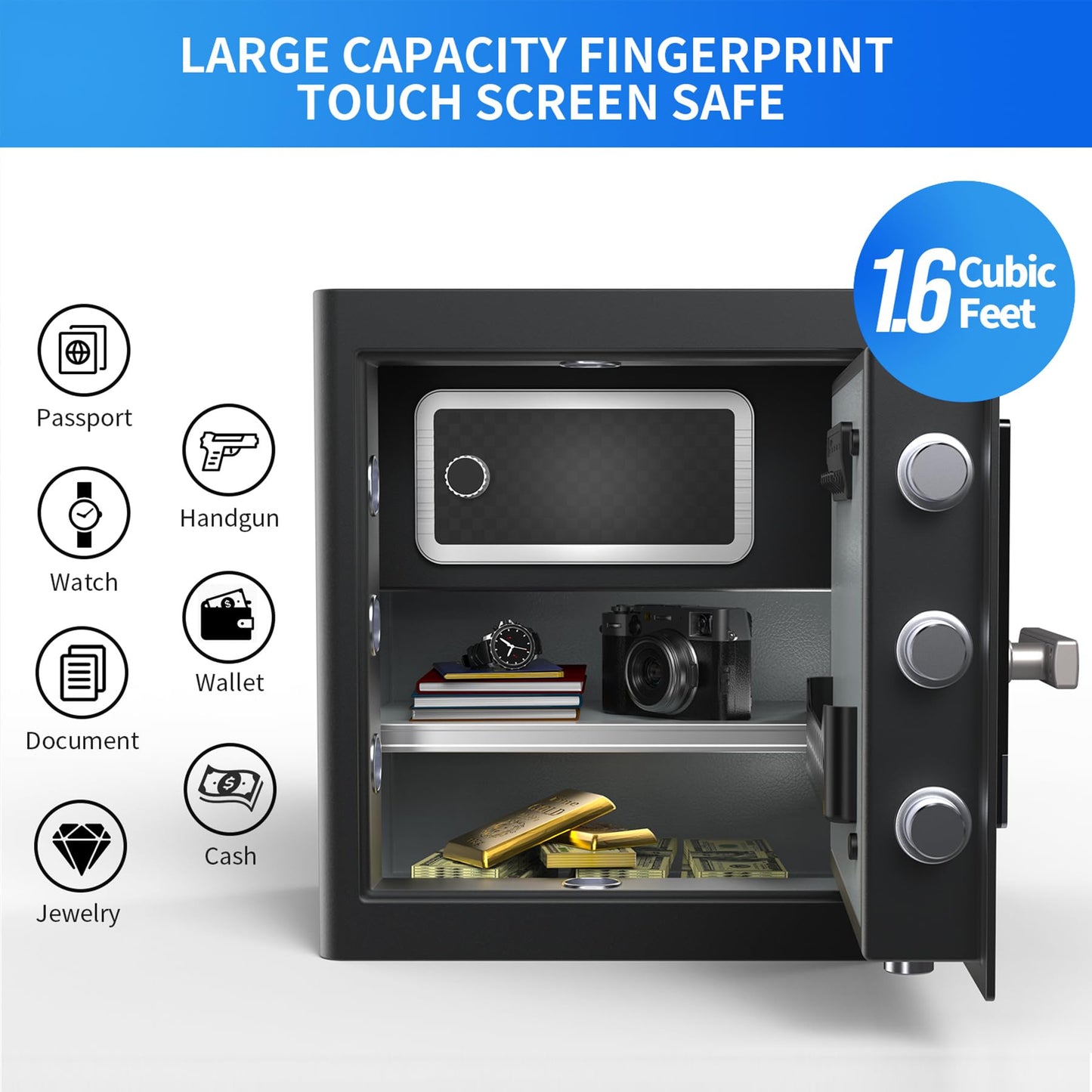 RPNB Deluxe Home Safe and Lock, Smart Touch Screen Biometric Fingerprint Security Safe with Voice Prompt, One-touch Unlock, Interior Box, Dual Warning, Suitable for Home, Office, Hotel, 1.6 Cubic Feet