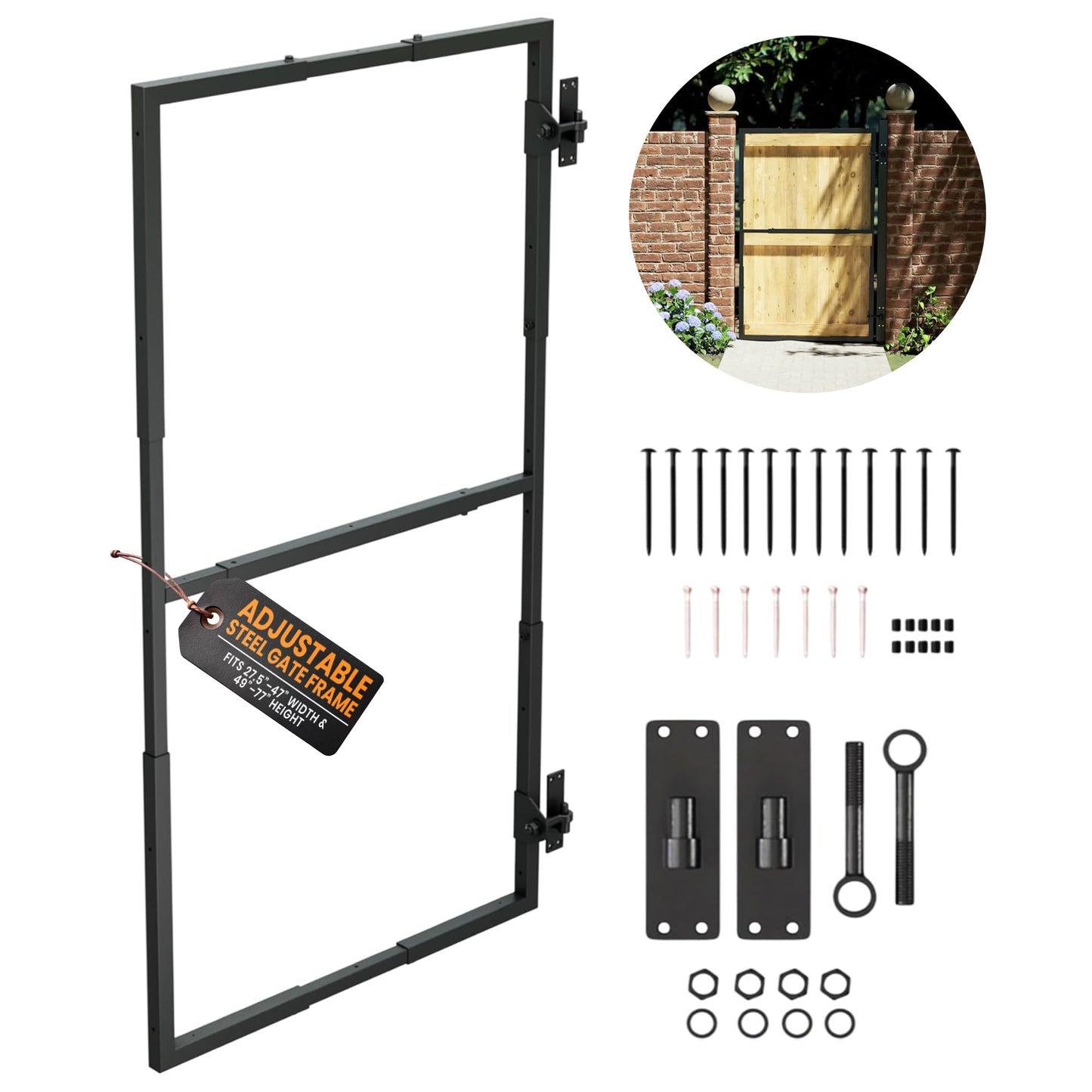 GateMate Adjustable Steel Gate Frame Kit – Black Heavy-Duty Powder-Coated Garden & Driveway Gate Frame, Fits 28–48" inch Width & 50–77" inch Height, Fixings Included