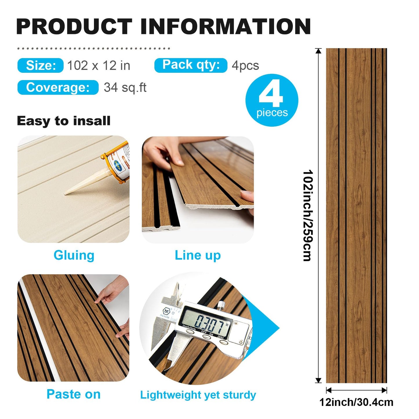 Art3d 4-Pack Glue-On Wall Panels, Wood Grain Texture Interior Wall Decor, 104"x12" Recycled Polystyrene Wainscoting Panels, Low Emission for Living Room Bedroom,Natural Teak