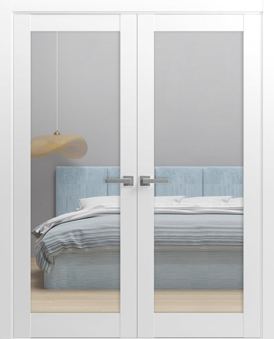 SARTODOORS Lucia 1299 | Double Swing Interior French Doors with Glass with Mirror, Solid Wood, Hardware Included, 36x80, White, Modern