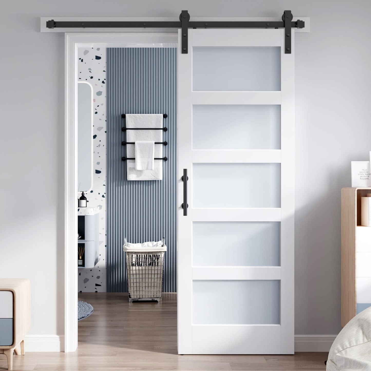 ROYMELO 30x84 Inch Glass Sliding Barn Door Slab and 5.5ft Hardware Kit Included, 5 Frosted Glass, LVL Wood Panel Covered with White Water-Proof Scratch-Proof PVC Surface, Simple DIY Assembly