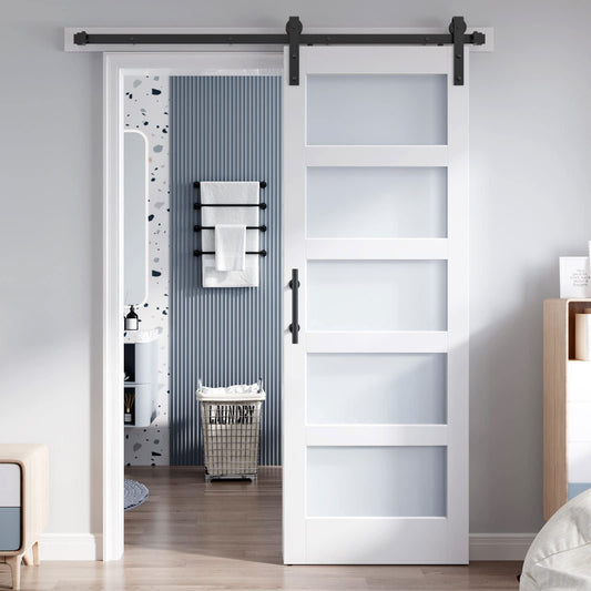 ROYMELO 30x84 Inch Glass Sliding Barn Door Slab and 5.5ft Hardware Kit Included, 5 Frosted Glass, LVL Wood Panel Covered with White Water-Proof Scratch-Proof PVC Surface, Simple DIY Assembly