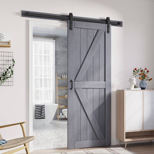 FREDBECK 32in x 80in Gray Wood Barn Door Slab with 5.5ft (66inch) Barn Door Hardware Track Kit Included, Double Surfaces,Simple Assembly is Required,K-Frame,Grey