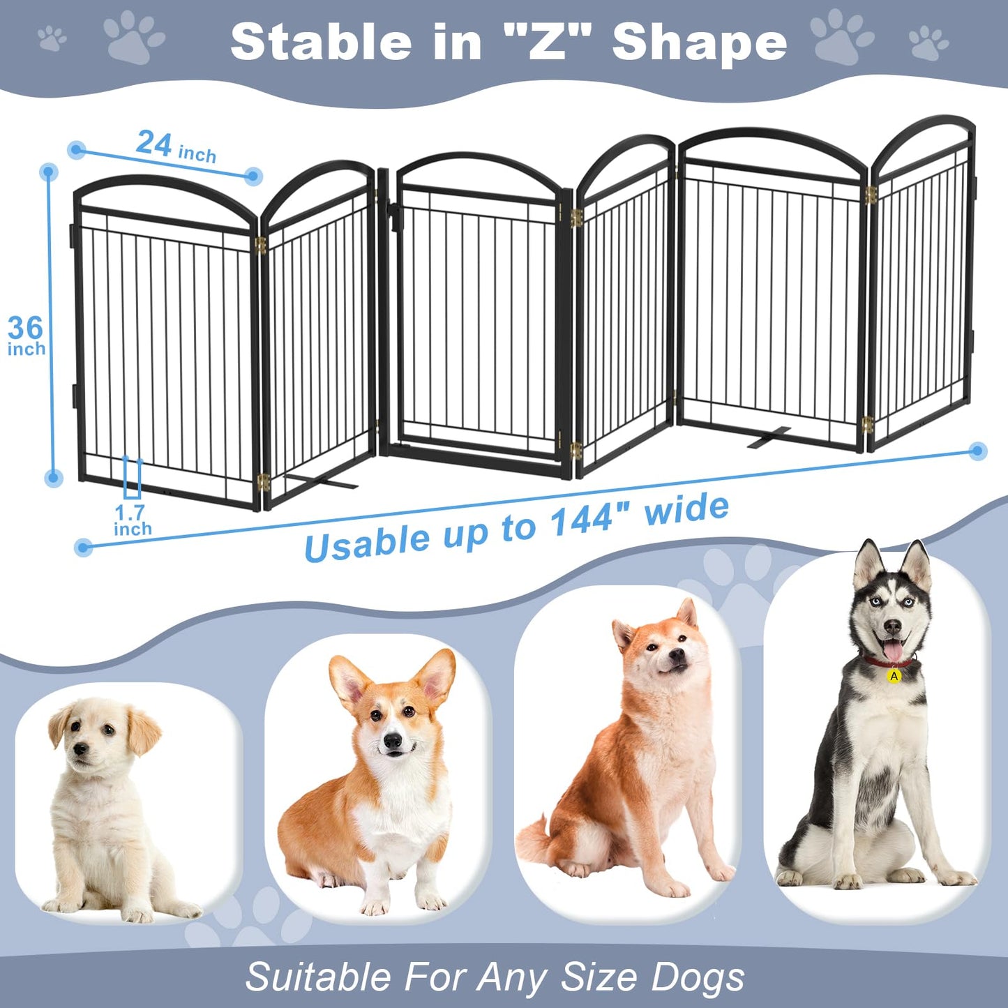 Full Metal Free Standing Dog Gate with Door for Indoor Outdoor, 144'' Extra Wide 36'' Tall Dog Gate for Doorways,Large Openings,Decks,Freestanding Portable Pet Fence(6 Panels,Black)