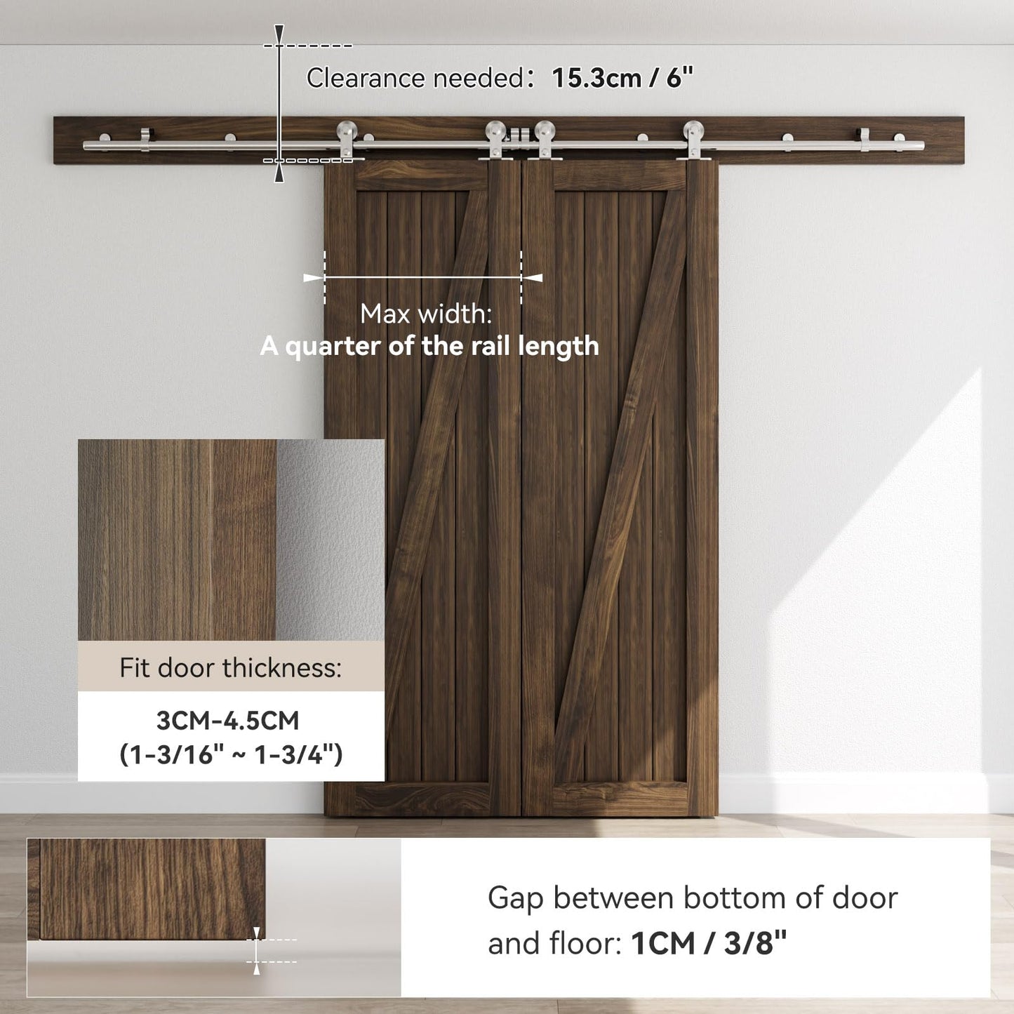 CCJH 6 FT Stainless Steel Sliding Door Hardware Kit, Top Mount Wooden Door Hardware for Double Door, Fit 18" Wide Door Panel, J Style