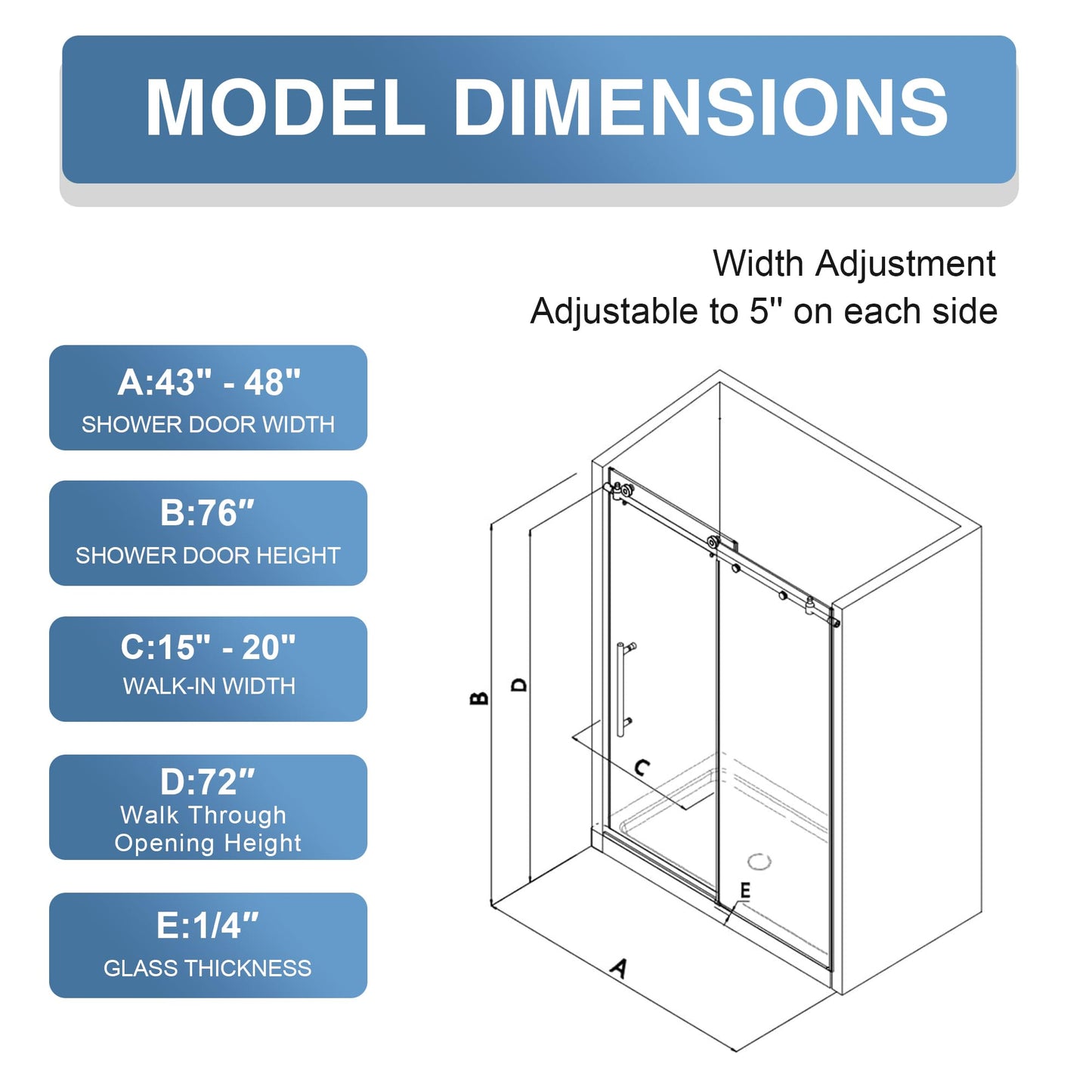 KPUY Frameless Shower Door, 43-48" W x 76" H Sliding Glass Shower Door, 1/4" (6mm) Thick Tempered Clear Glass with Explosion-Proof Film Nano Coating, Stainless Steel Hardware, Brushed Nickel