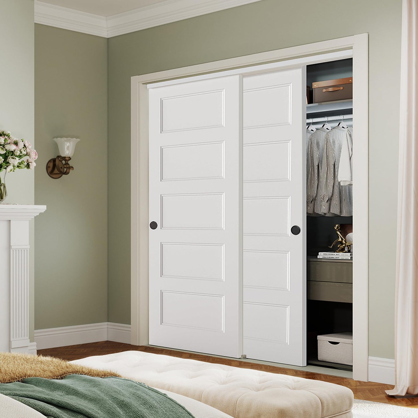 BARNSMITH 72x80 in 5-Panel Bypass Sliding Closet Door, White Primed Door Slab with Bypass Closet Track Hardware Kits, Paintable and Lightweight