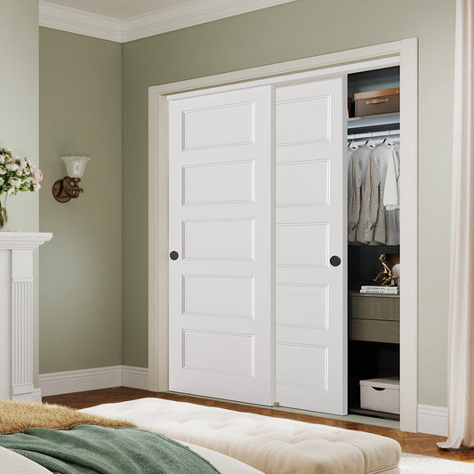 BARNSMITH 72x80 in 5-Panel Bypass Sliding Closet Door, White Primed Door Slab with Bypass Closet Track Hardware Kits, Paintable and Lightweight