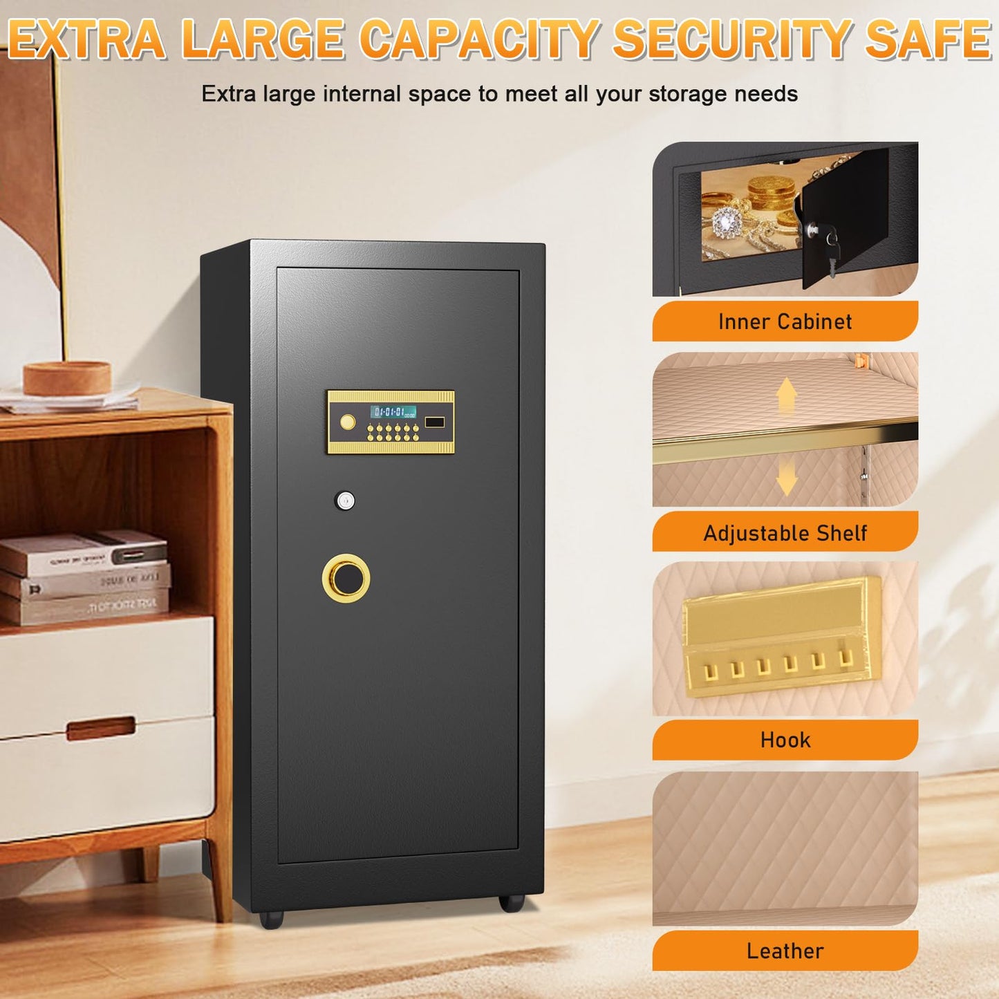 Omethey Safe, 39.37''H Extra Large Safes Box, 9.0 Cubic Feet Heavy Duty Safe with 2 Adjustable Shelf & Seperate Lock Box, Home Floor Safes with LCD Screen & Hidden Code for Doc Cash Jewelry Valuables