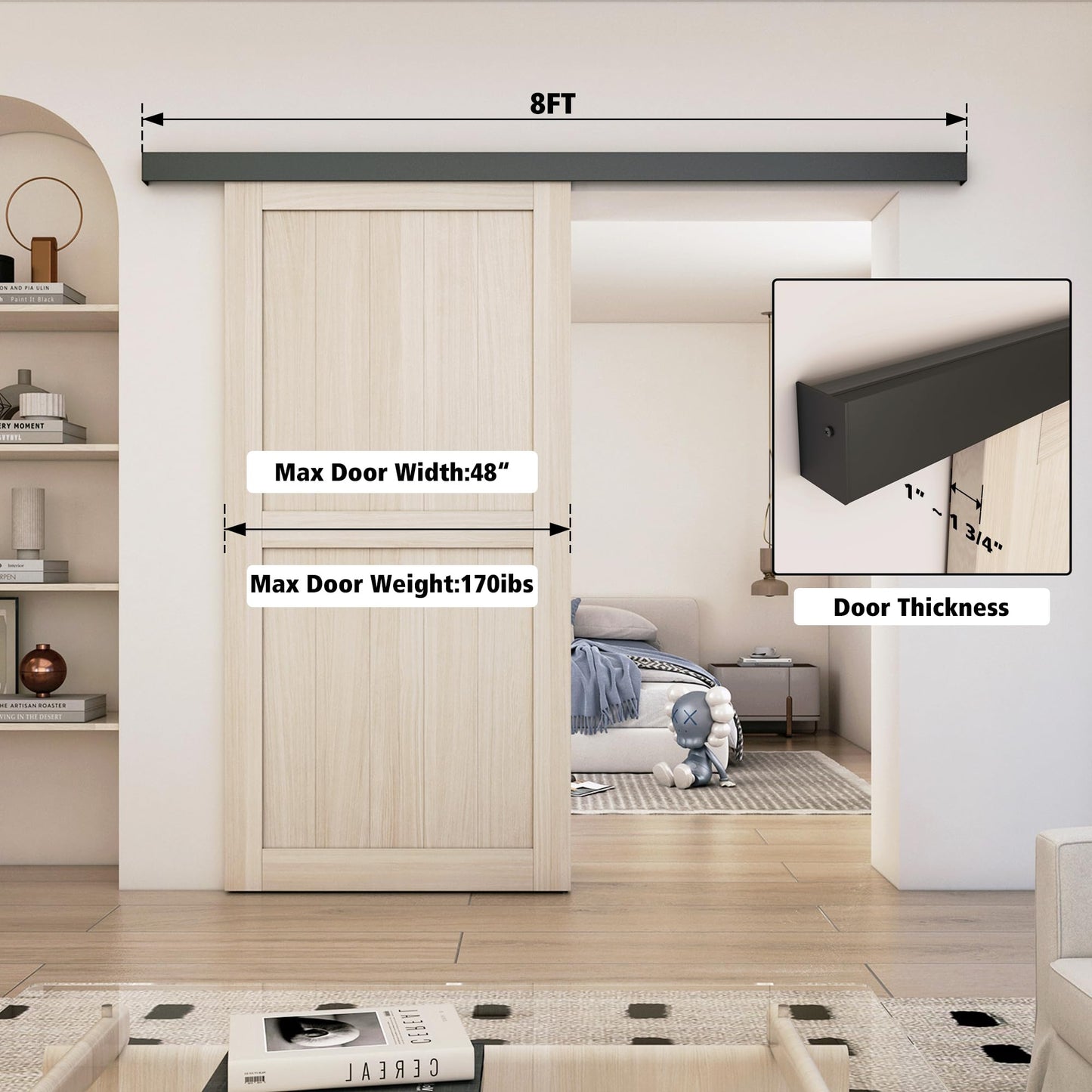 SongYung 8FT Barn Door Hardware Kit, Low Clearance Aluminium Alloy Box Rail Track Hardware Kit, Sliding Door Track for Interior Single Wooden Door,Black