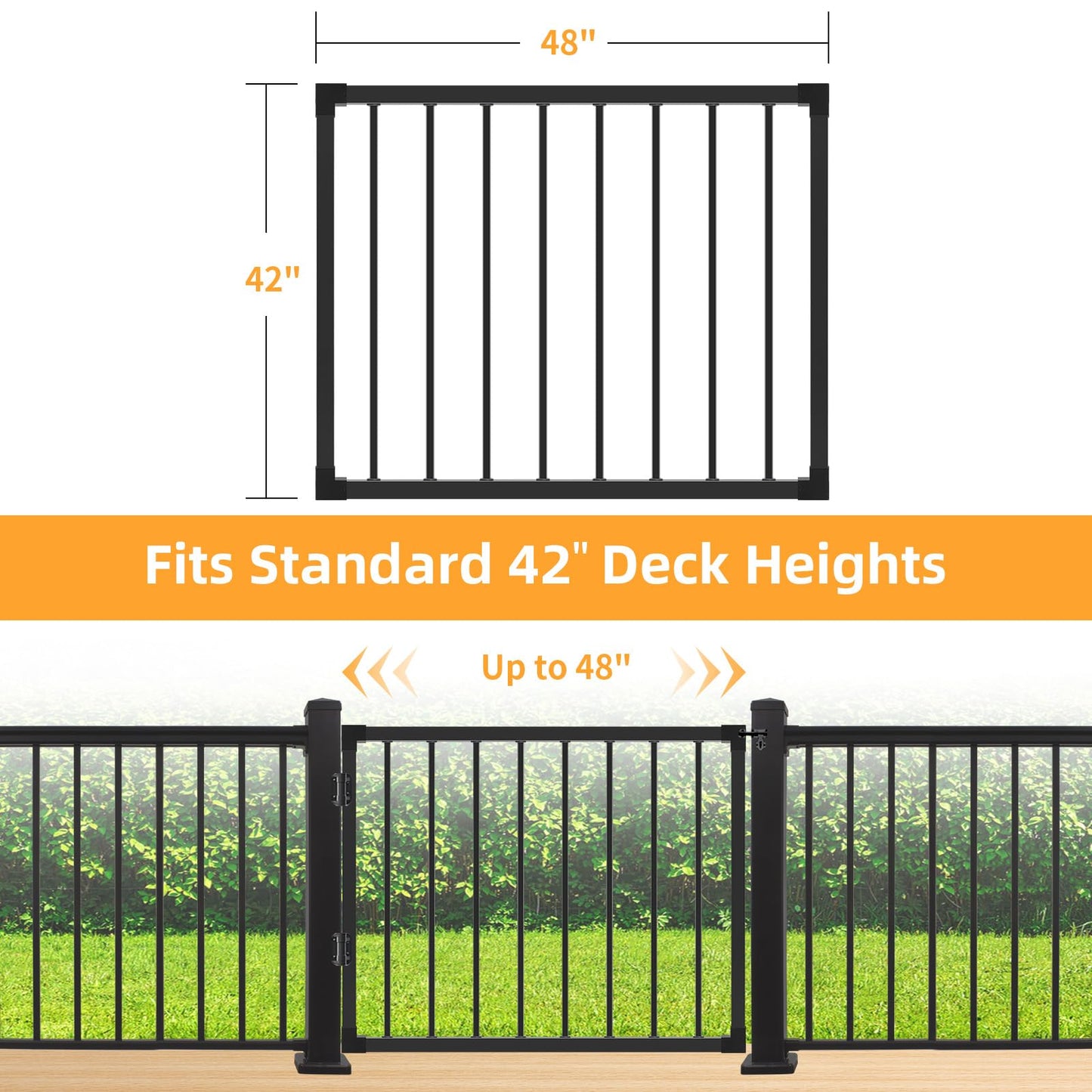 Deck Fence Gate Outdoor, 42‘'Hx48‘'W Deck Gate, Black Heavy Duty Steel Anti-Rust Door with Customizable Width, Metal Gate for Residential, Yard, Patio(No Hinge)