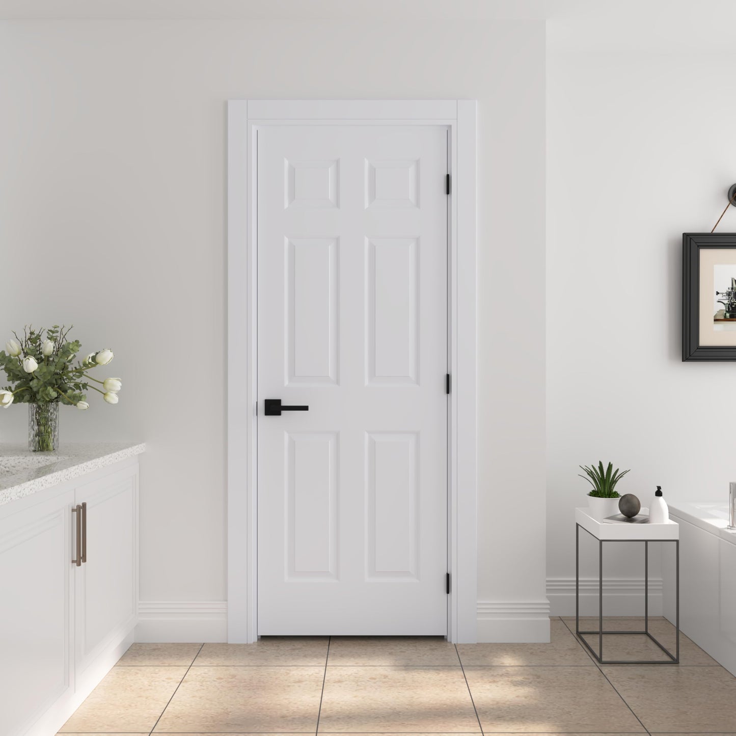JUBEST 30"x80" Left-Hand Prehung Interior Door with Knock Down Jamb Kit & Matte Black Hinges, 6-Panel White Primed Hollow Core Molded Door Slab with Bore & Hinge Cutout, Durable & Sturdy, No Handle