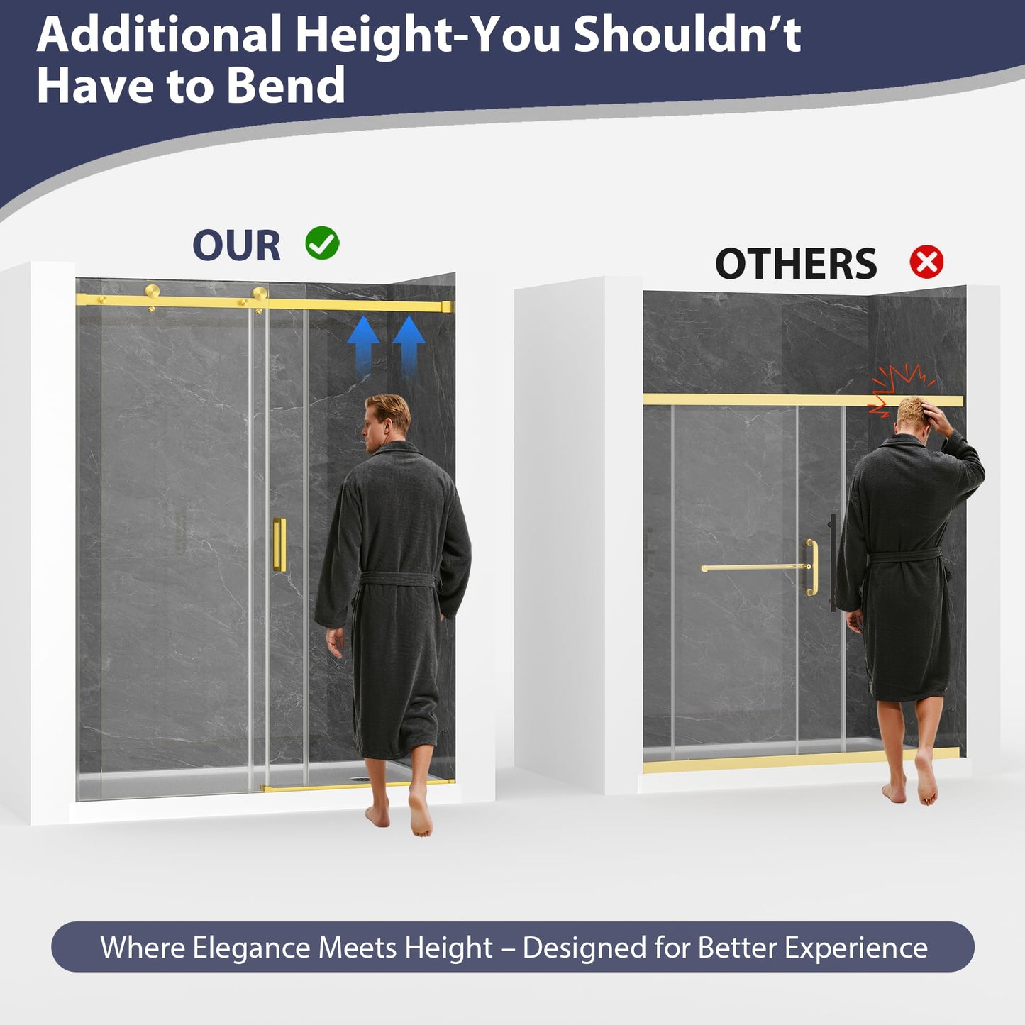 EASYWORC Frameless Shower Door, 43-48" W x 76" H Sliding Glass Shower Door, 1/4''(6mm SGCC Tempered Glass with Explosion-Proof Film Nano Coating in Brushed Gold Finish