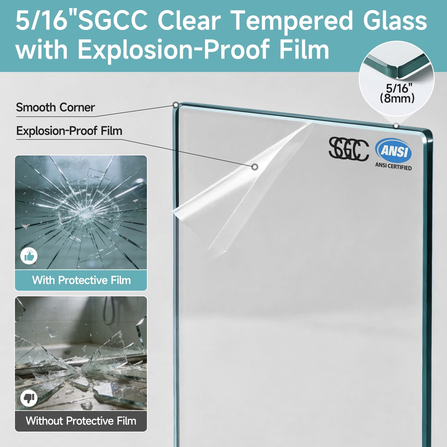 56-60" W x 75" H Glass Shower Door, Frameless Shower Door with 5/16" (8mm) Clear SGCC Tempered Glass, Explosion-Proof Film, Stainless Steel Hardware, Gold