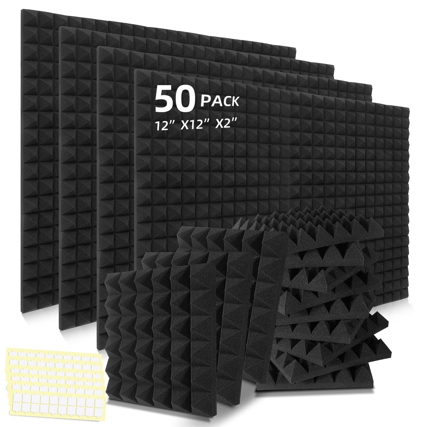 50 Pack Acoustic Foam Panels, 2 X 12 X 12 Inches Pyramid Designed Sound Proof Foam Panels for Walls, High Density and Fire Resistant Sound Panels, Studio Foam for Wall and Ceiling (Black, 50 Pack)