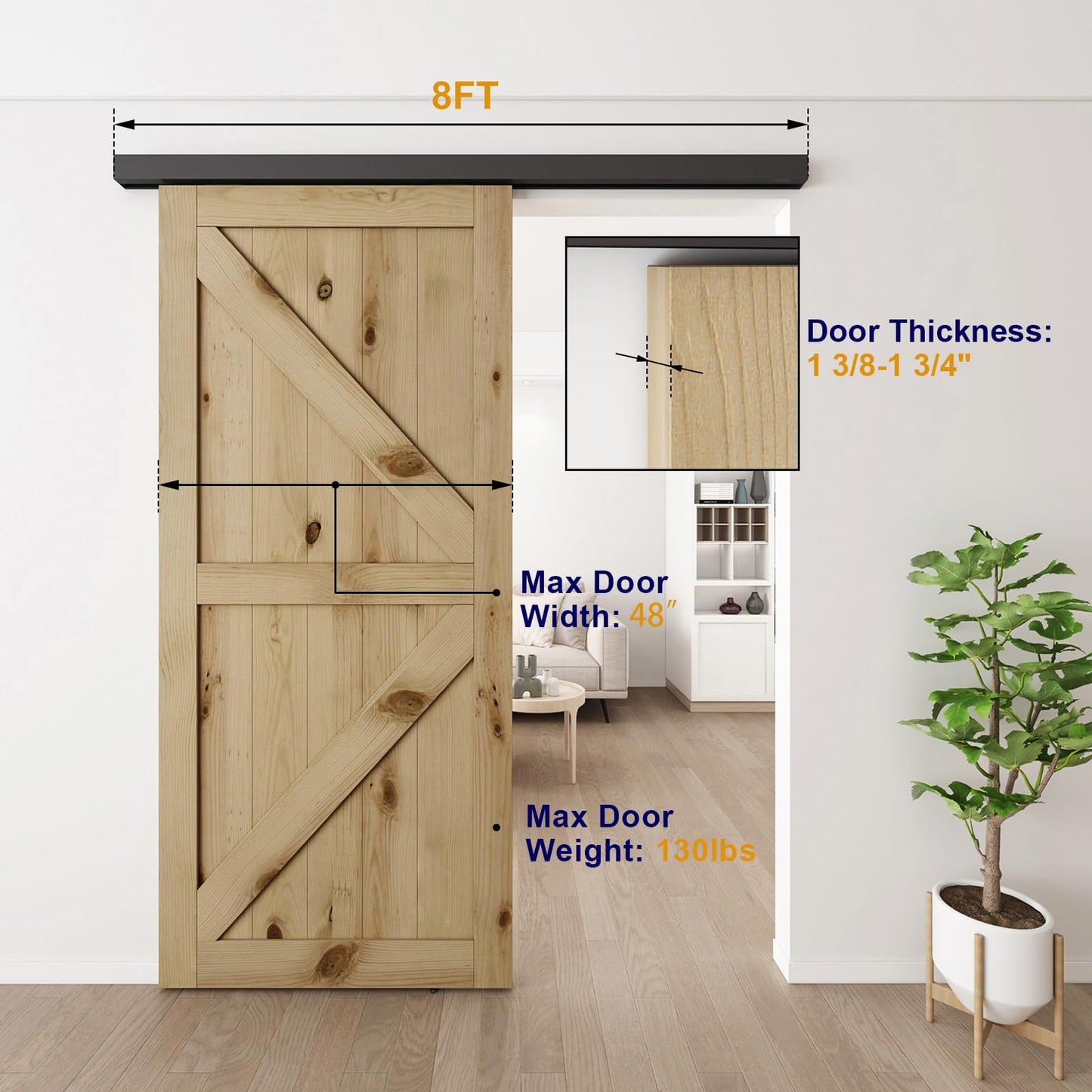 JUBEST 8FT Sliding Barn Door Hardware Track Kit, Aluminium Alloy Box Rail Wall Mount Barn Door Hardware, for Interior Wooden Door