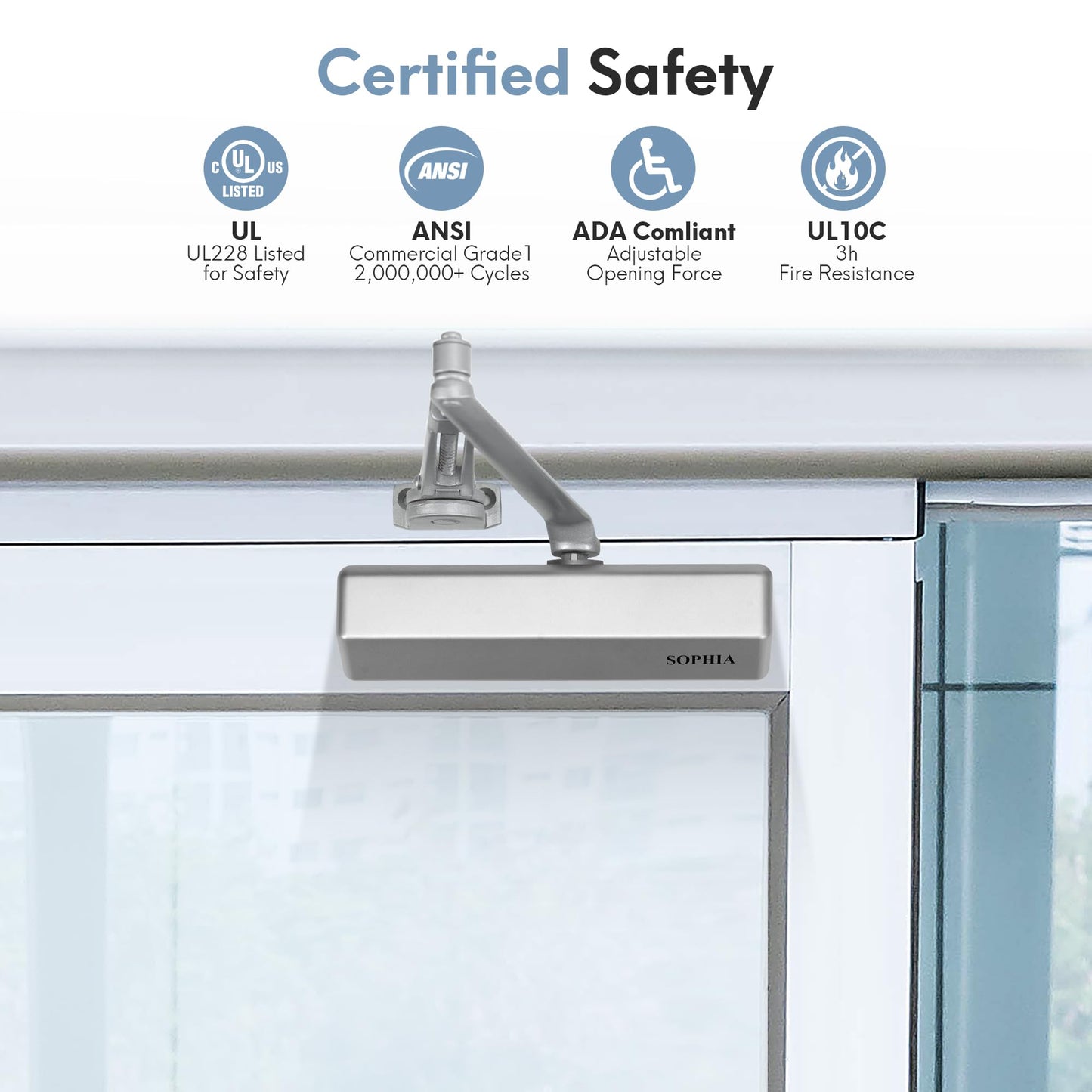 SOPHIA Door Closer Hold Open for Home, Door Closers Commercial Heavy Duty, Adjustable Speed & Spring Power 1-6, Hydraulic Door Closer Hinge Self Closing, No Slam, ADA & UL, DK4000