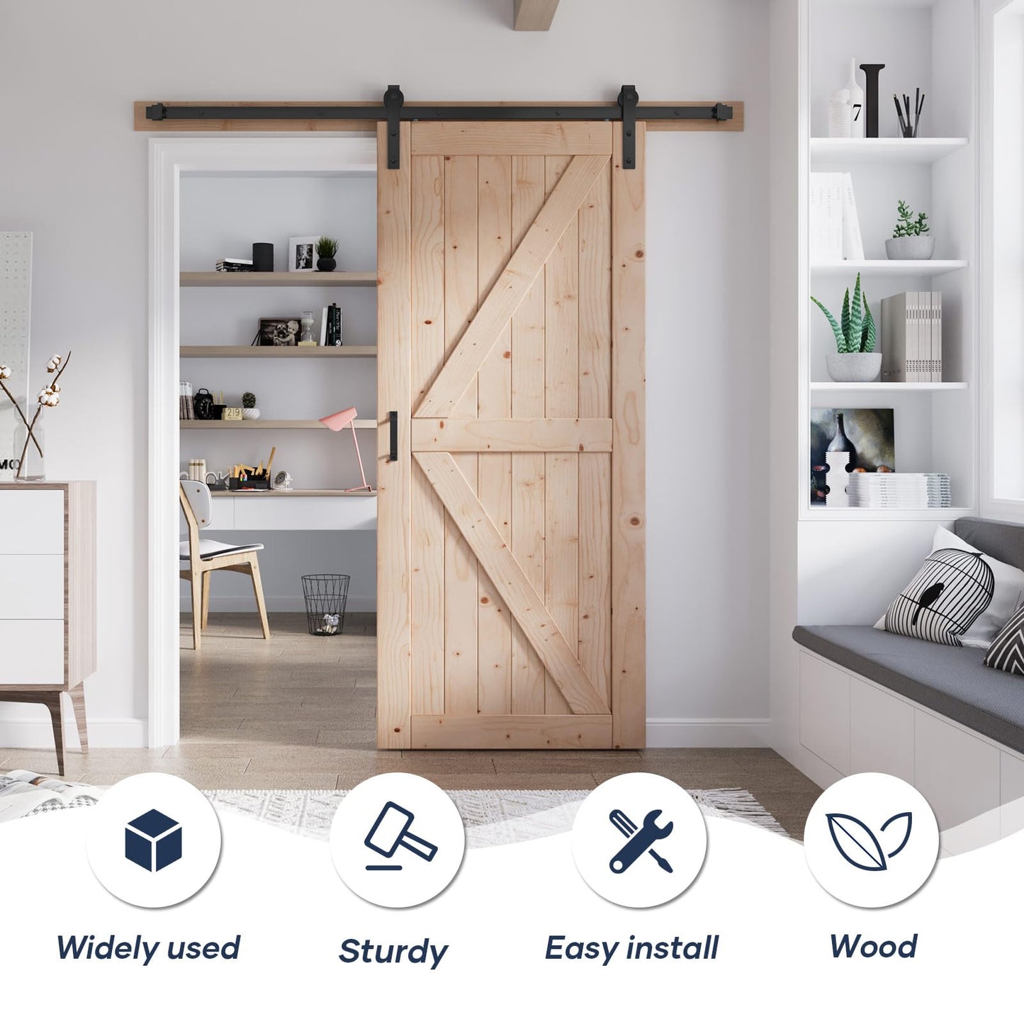 FREDBECK 36in x 84in Wood Barn Door with 6.6FT Barn Door Hardware Kit Included K Shape Solid Spruce Panel Need to Assembly