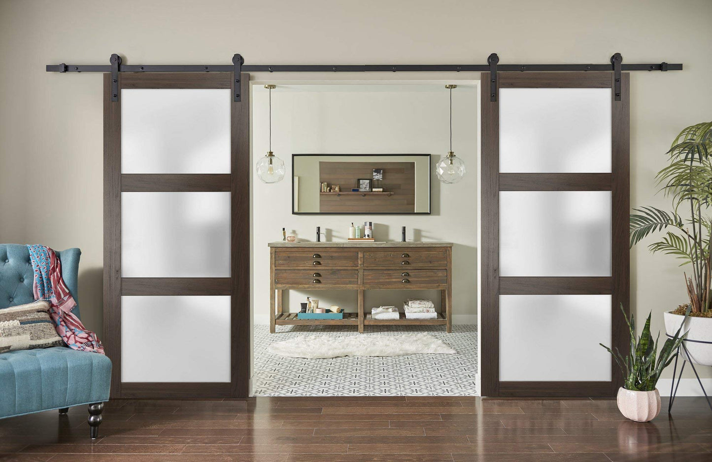 SARTODOORS Sturdy Double Barn Door with Frosted Glass | Lucia 2552 Chocolate Ash | 13FT Rail Hangers Heavy Set | Solid Panel Interior Doors-72" x 96" (2 * 36x96)-Black Rail