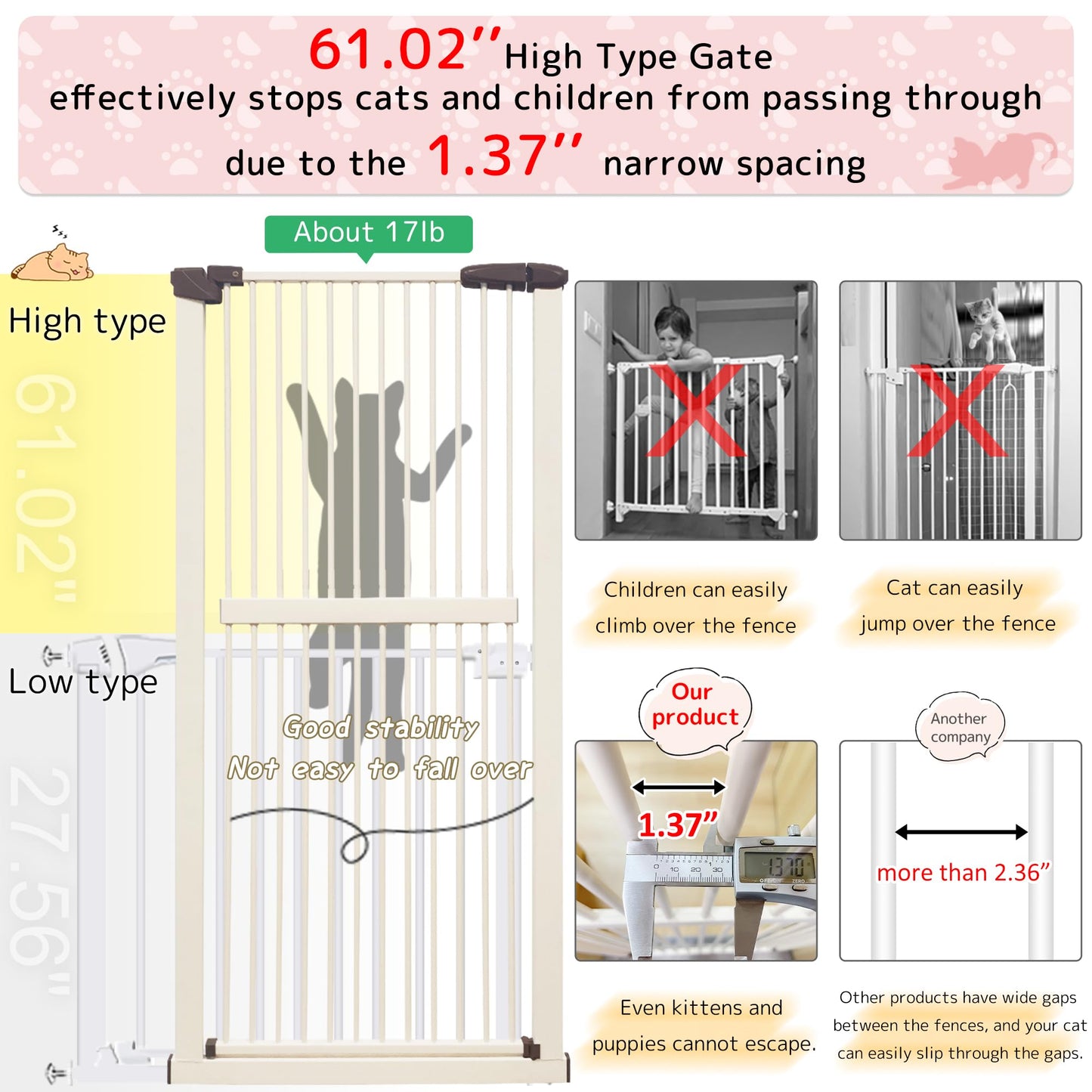 Lumizone Extra Tall Cat Gate 61.02" High Pressure Mounted Extra Wide 26.38"-30.11" (17Sizes) 1.37" Gap No Drilling Auto-Close Tall Pet Gate for Dogs (Cream, 26.38"-30.11" W)