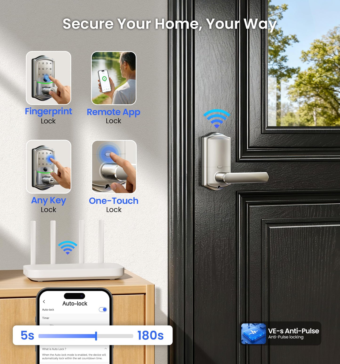 Veise VE029 WiFi Smart Lever Lock, Fingerprint Keyless Entry Door Lock with Handle, Built-in WiFi, Remote App Control, Electronic Digital Knob for Front Door and Bedroom, IP65 Waterproof, Satin Nickel
