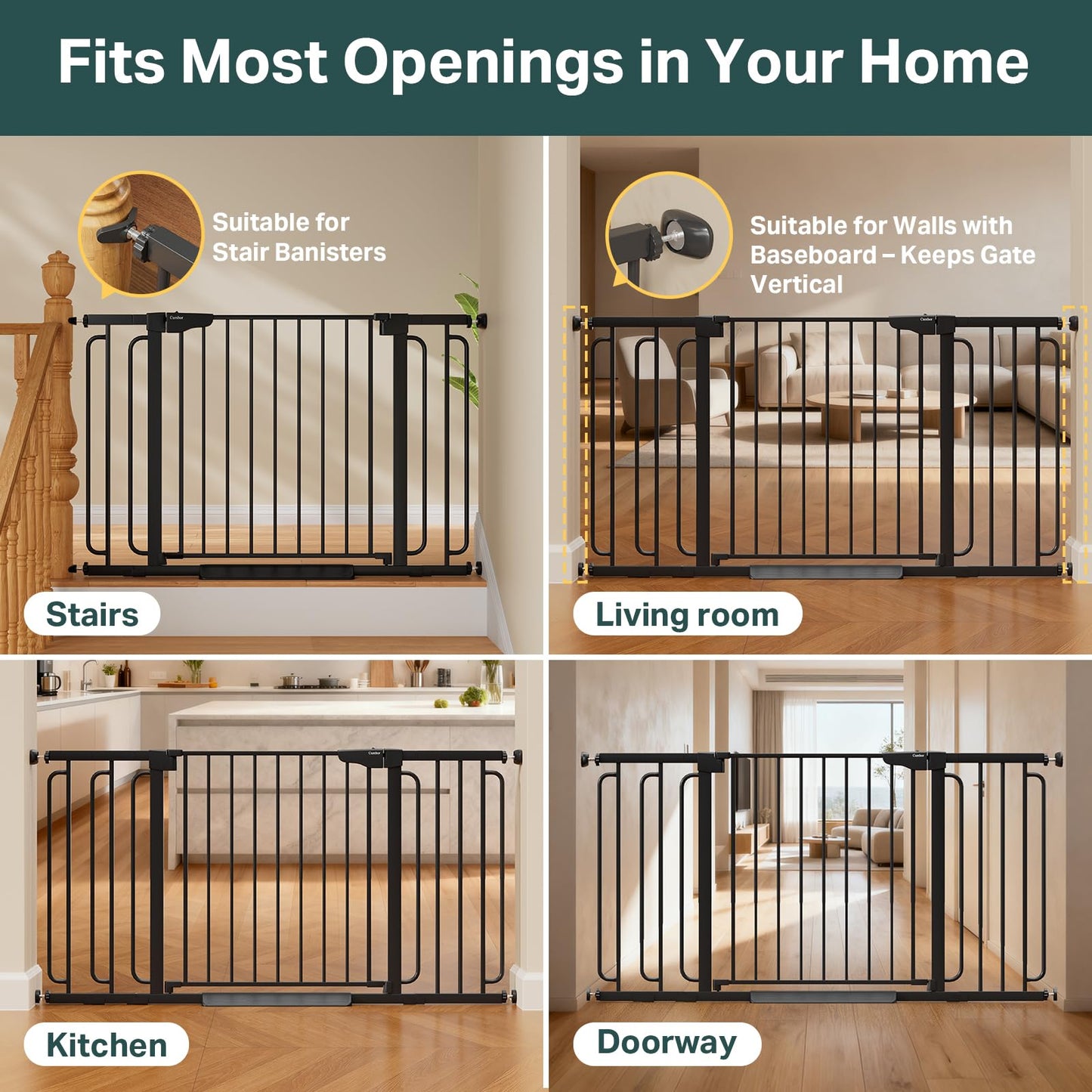 Cumbor 36.6-59" Extra Wide Baby Gate for Stairs, Pressure Mounted Dog Gate for Doorways, Auto-Close Easy Walk Through Safety Child Gate for Kids Toddler, Tall Pet Gates Indoor, Black