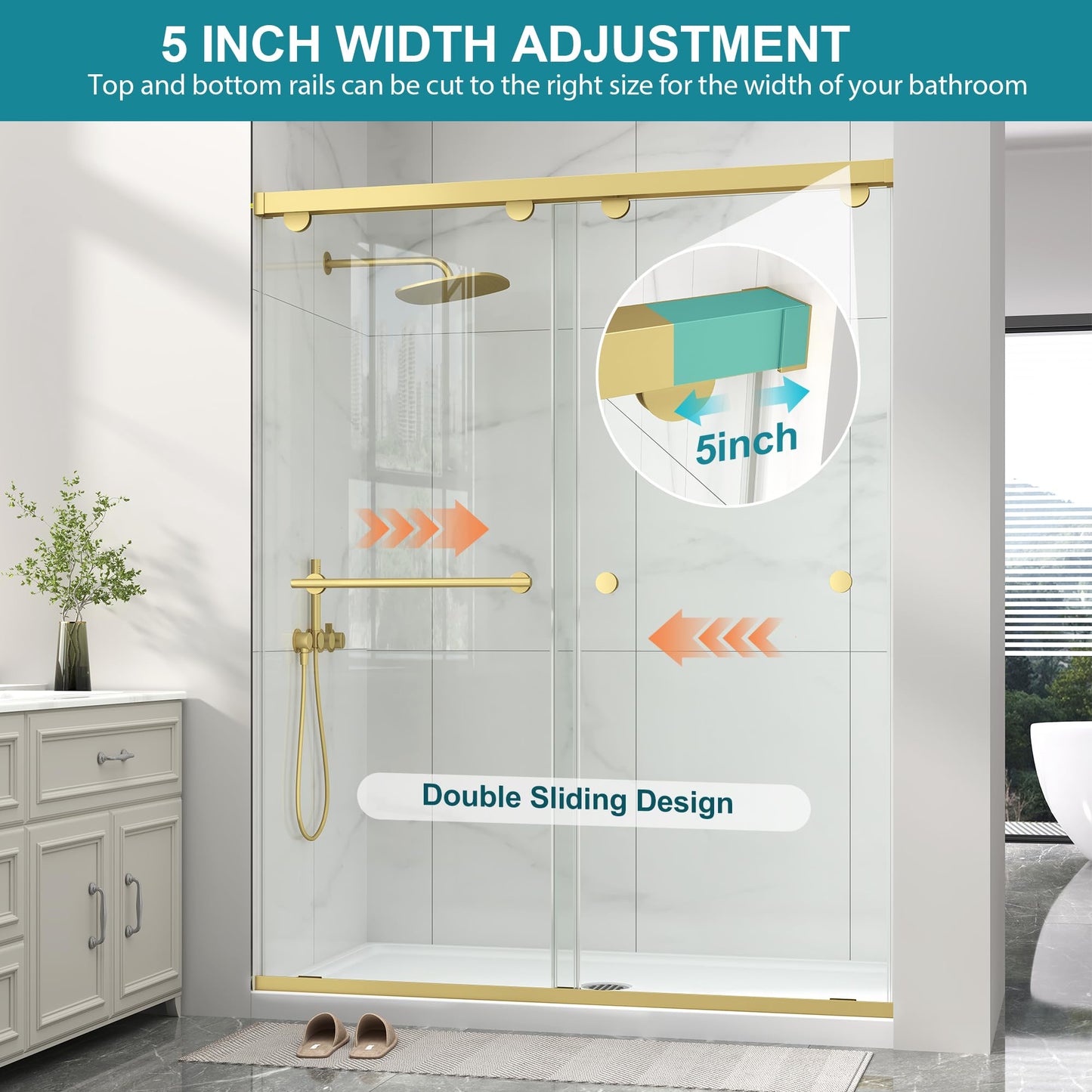Frameless Shower Door with Soft-Close & Anti-Leak,5/16" (8mm) Double Sliding Shower Door,Nano Coating Anti-Explosion Film SGCC Tempered Glass 43"- 48" W x 76" H,Brushed Gold