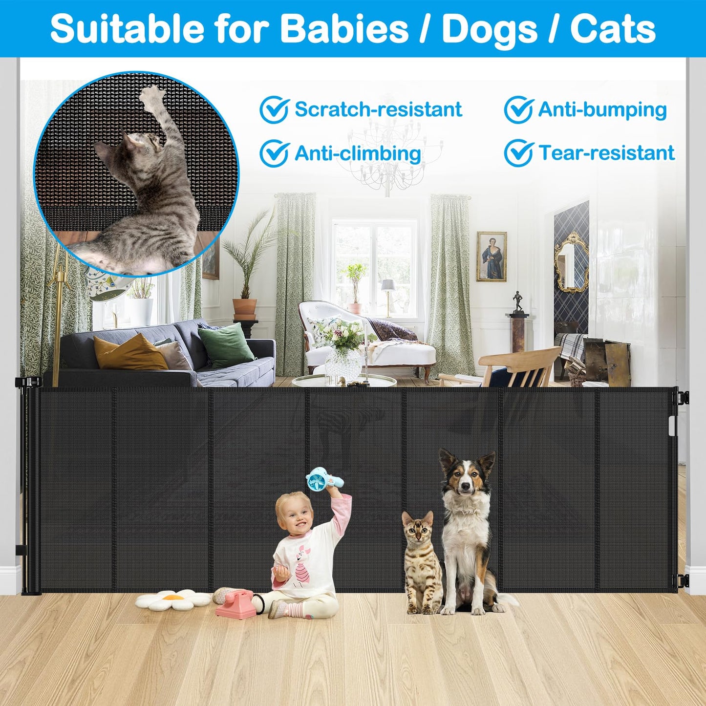 Reinforced 42" Extra Tall Retractable Dog Gate, 200" Extra Wide Baby Gate with Support Rods-Prevent Crawling Through, Outdoor/Indoor Baby Fence/Barrier/Blocker for Home, 16ft Retractable Garage Gate