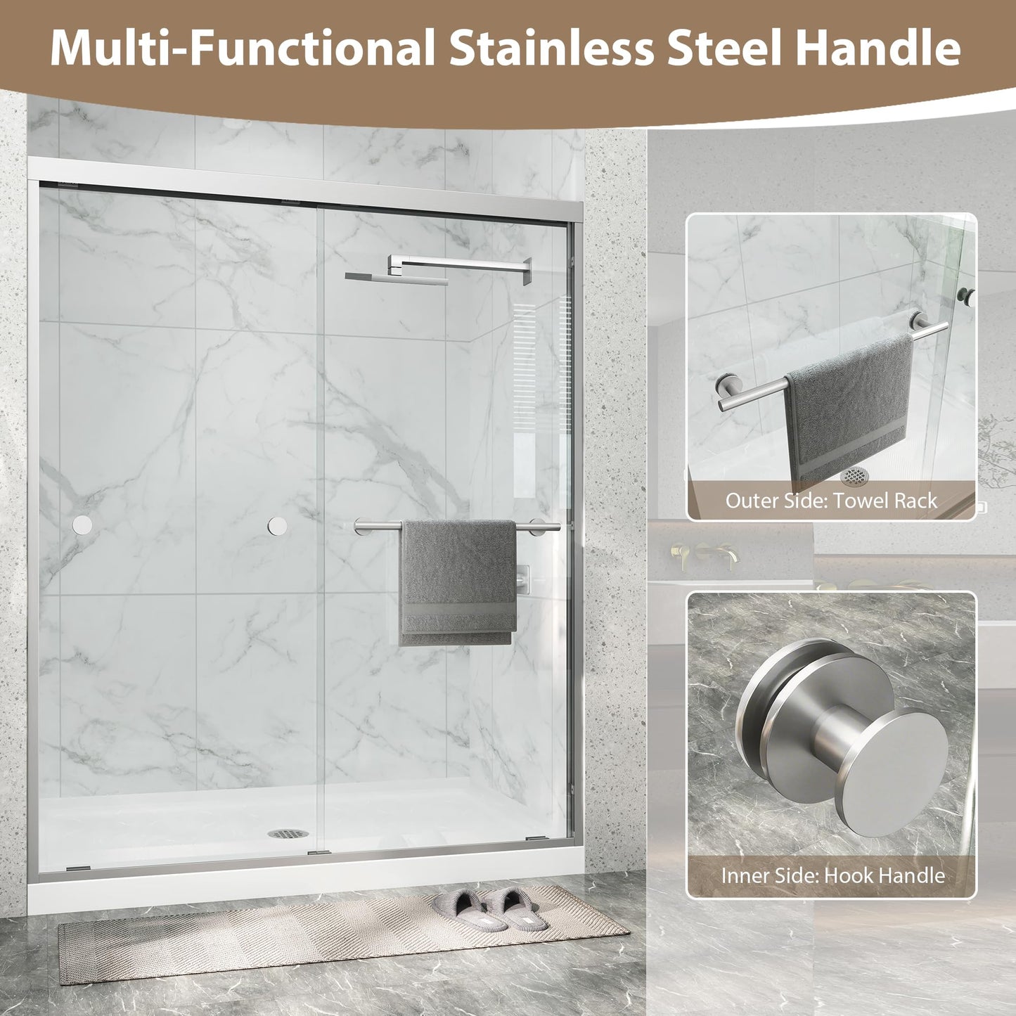 Double Sliding Shower Door 43-48" W x 72" H,Semi-Frameless Glass Shower Door with Nano Explosion-Proof Safety Film, 1/4"(6mm) Tempered Glass,Easy-Clean Bypass Walk-in Shower Door,Brushed Nickel