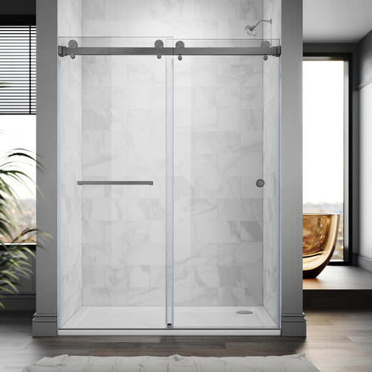 UKD01 61 to 65 in. W x 76 in. H Double Sliding Frameless Shower Doors - Stainless Steel 3/8" (10mm) Certified Tempered Glass 65x76-SG