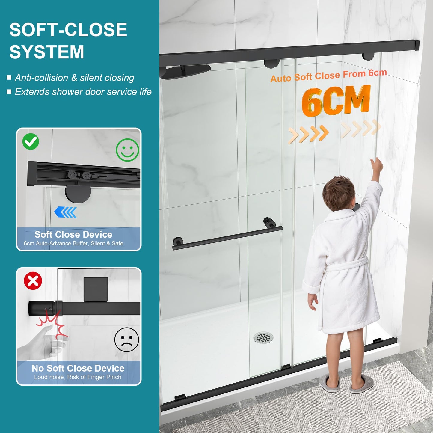 Frameless Shower Door with Soft-Close & Anti-Leak,5/16" (8mm) Double Sliding Shower Door,Nano Coating Anti-Explosion Film SGCC Tempered Glass 43"- 48" W x 76" H,Matte Black