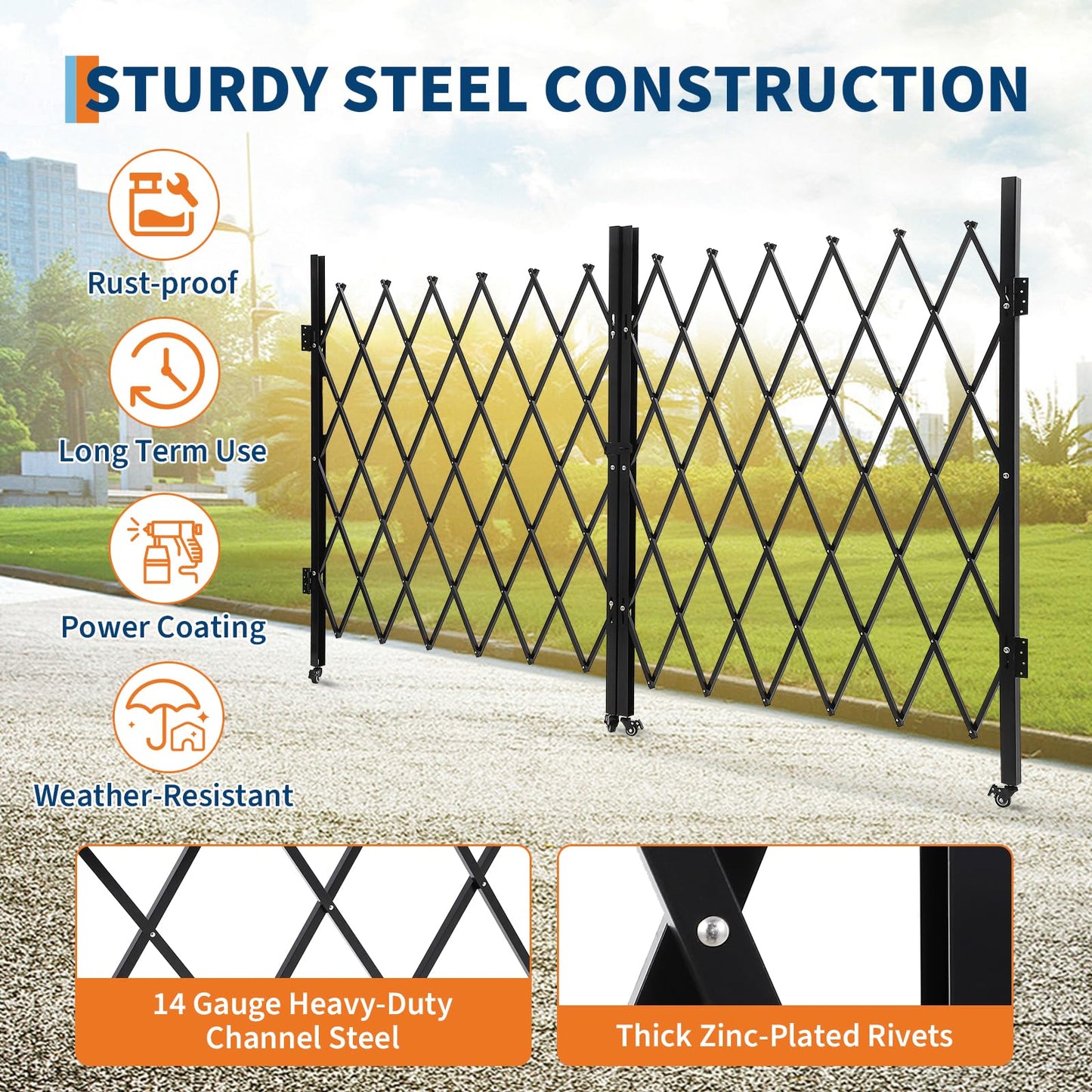 Double Expandable Gate, 41" H x 205" W Folding Security Gate, Folding Door Gate, Steel Accordion Security Gate, Flexible Garage Door gate, 360° Rolling Barricade Gate, Scissor Gate with Padlock