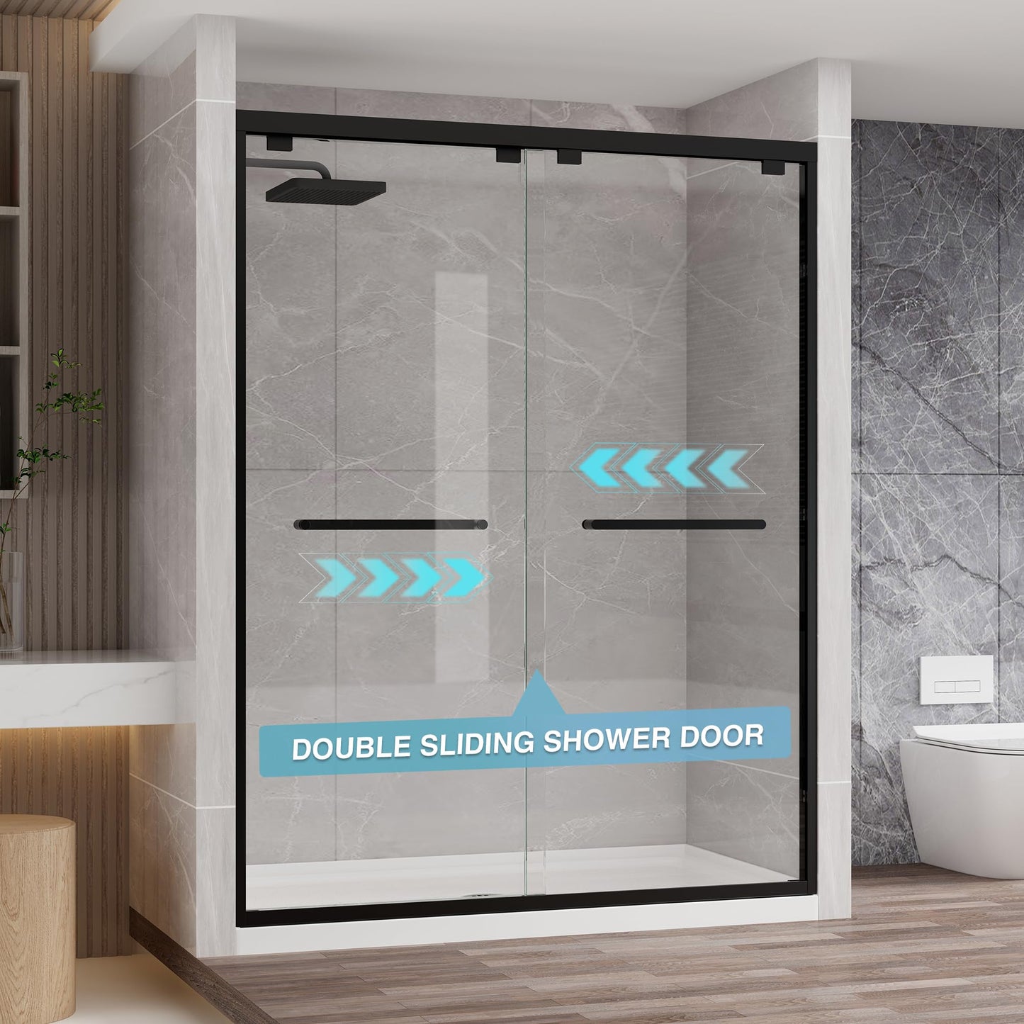 KPUY Glass Shower Door, 43-48" W x 76" H Semi-Frameless Double Sliding Shower Door, 1/4" (6mm) Thick Tempered Clear Glass with Explosion-Proof Film Nano Coating, Matte Black