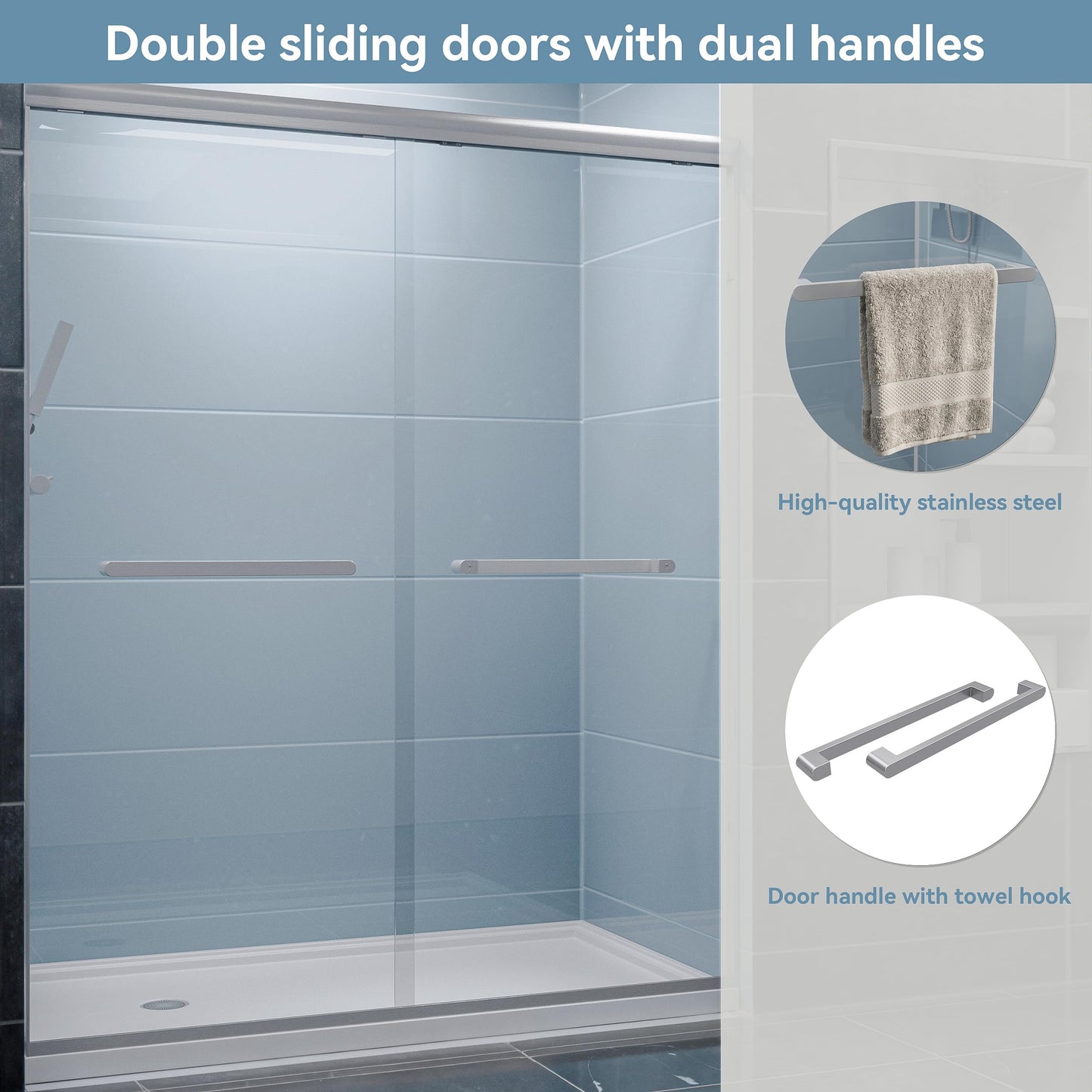 Kullavik Shower Door 56-60'' W x 72'' H Semi-Frameless Bypasss Bathroom Glass Shower Double Sliding Doors,1/4'' (6mm) Clear SGCC Tempered Glass with Explosion-Proof Film,Brushed Nickel