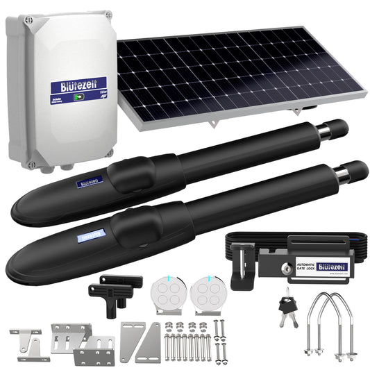 Blütezeit MS650 Swing Gate Opener with Electric Gate Lock – 1760lb Heavy-Duty Dual-Arm Gate Motor, 25W Solar Panel, Built-in Lithium Battery Control Box, Automatic Security Latch